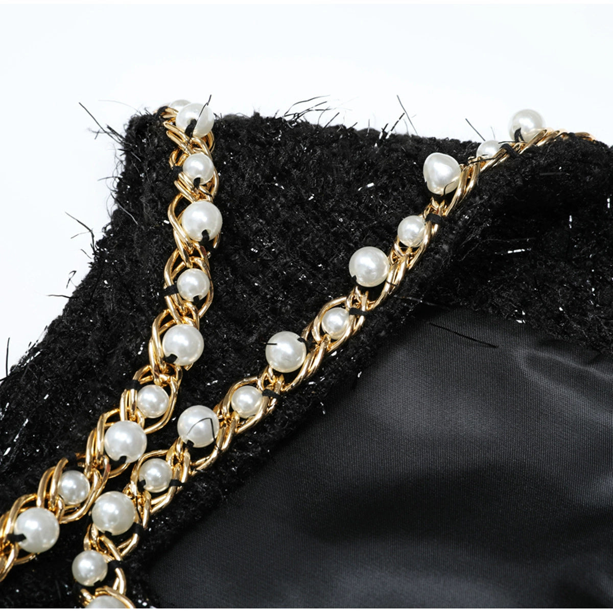 Kayah Black Tweed Mini Dress: Pearl & Gold Chain Embellished Glamour