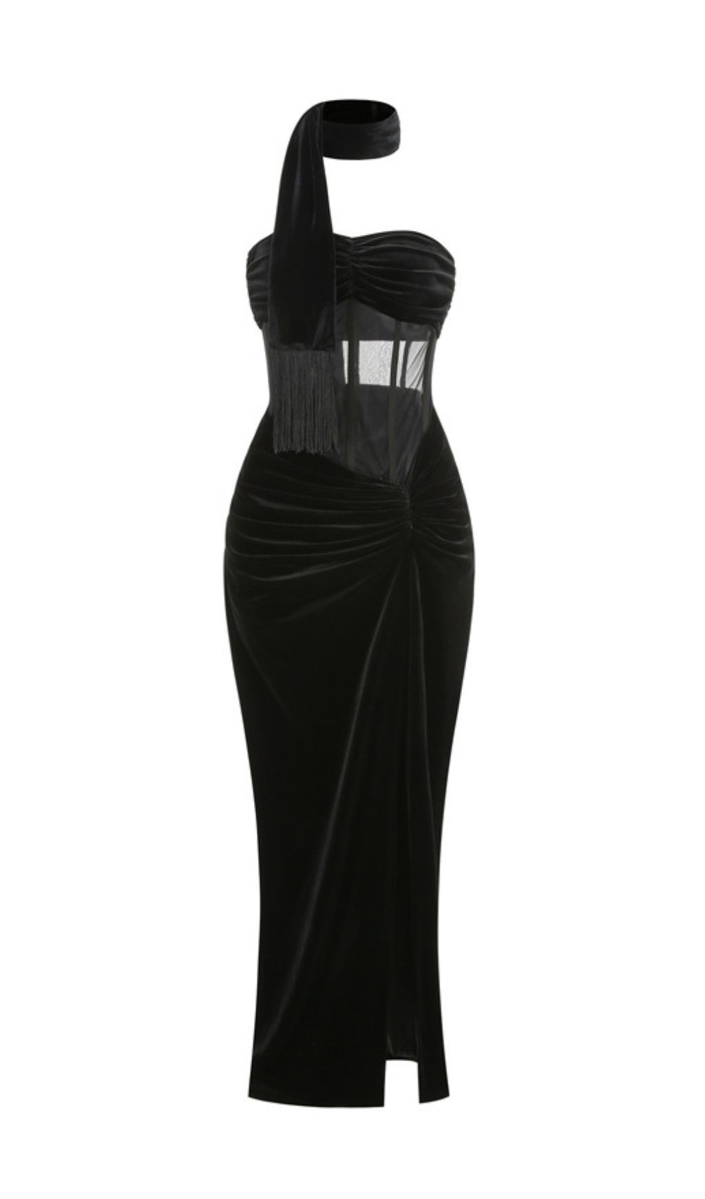 Kahlani Black Velvet Corset Maxi Gown | Strapless High-Slit Dress