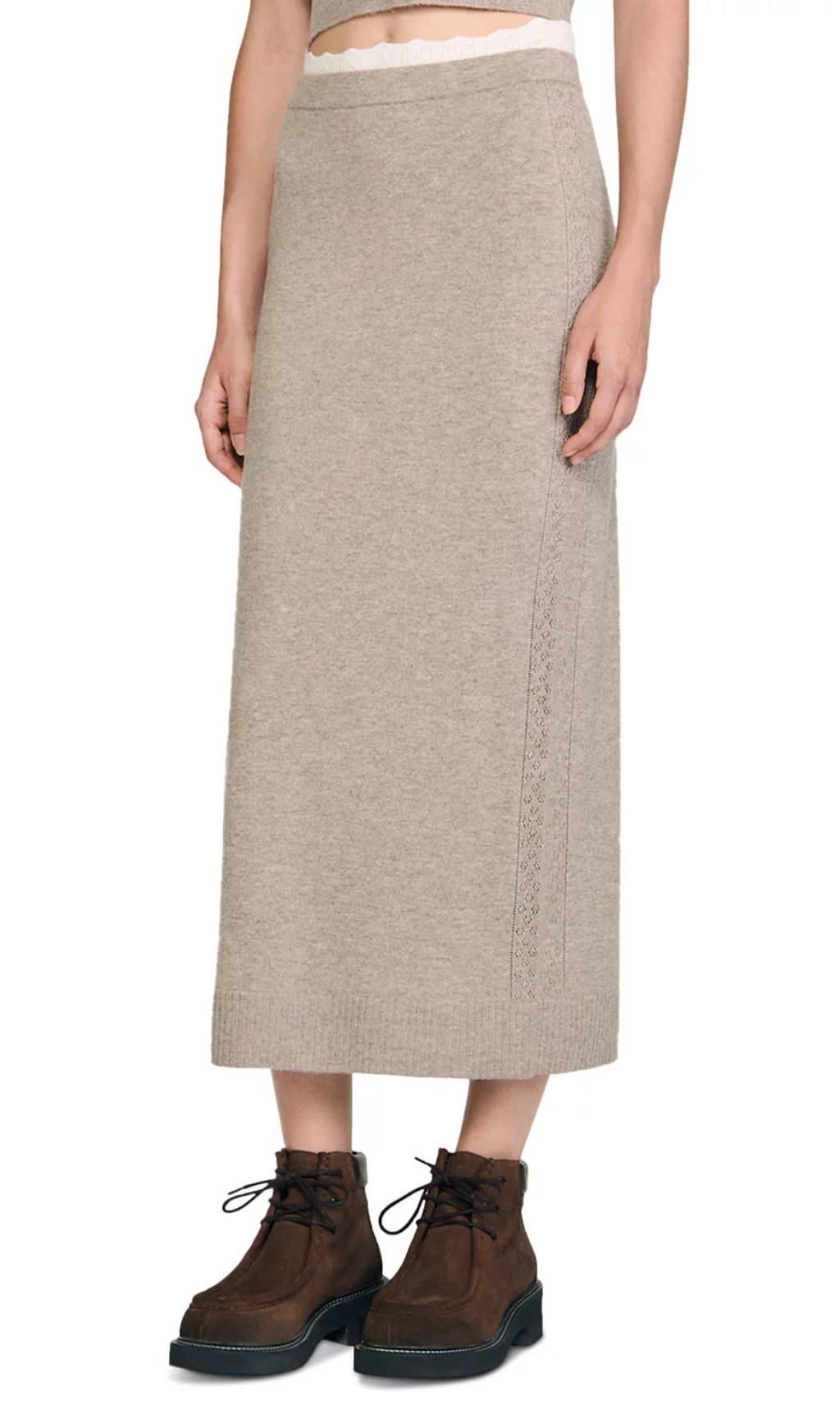 Women's Effortless Knit Midi Skirt with Delicate Pointelle Trim - Cozy & Chic Pull-On Style