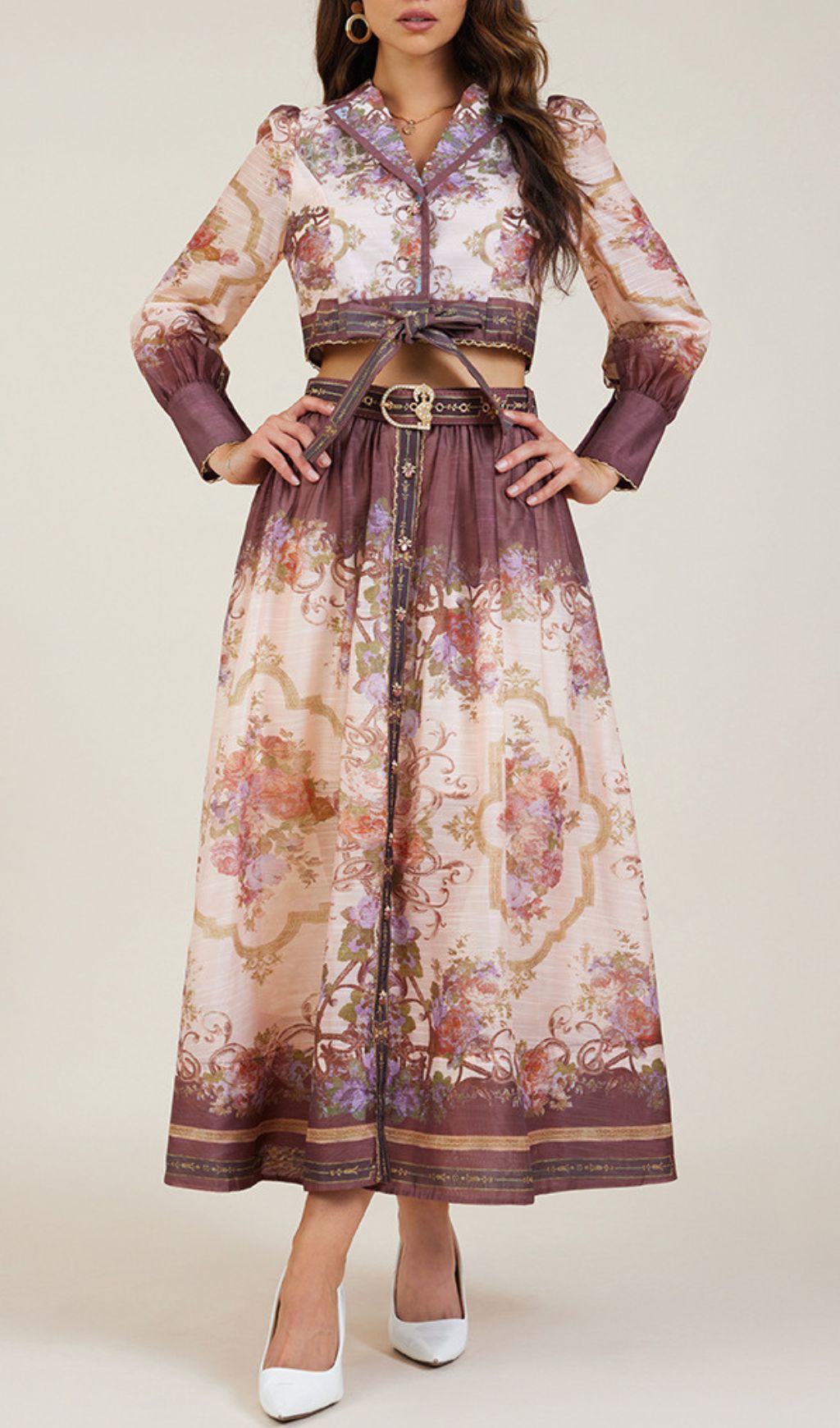 Gretchen Flower Printed Long Sleeve Blouse & Skirt Set