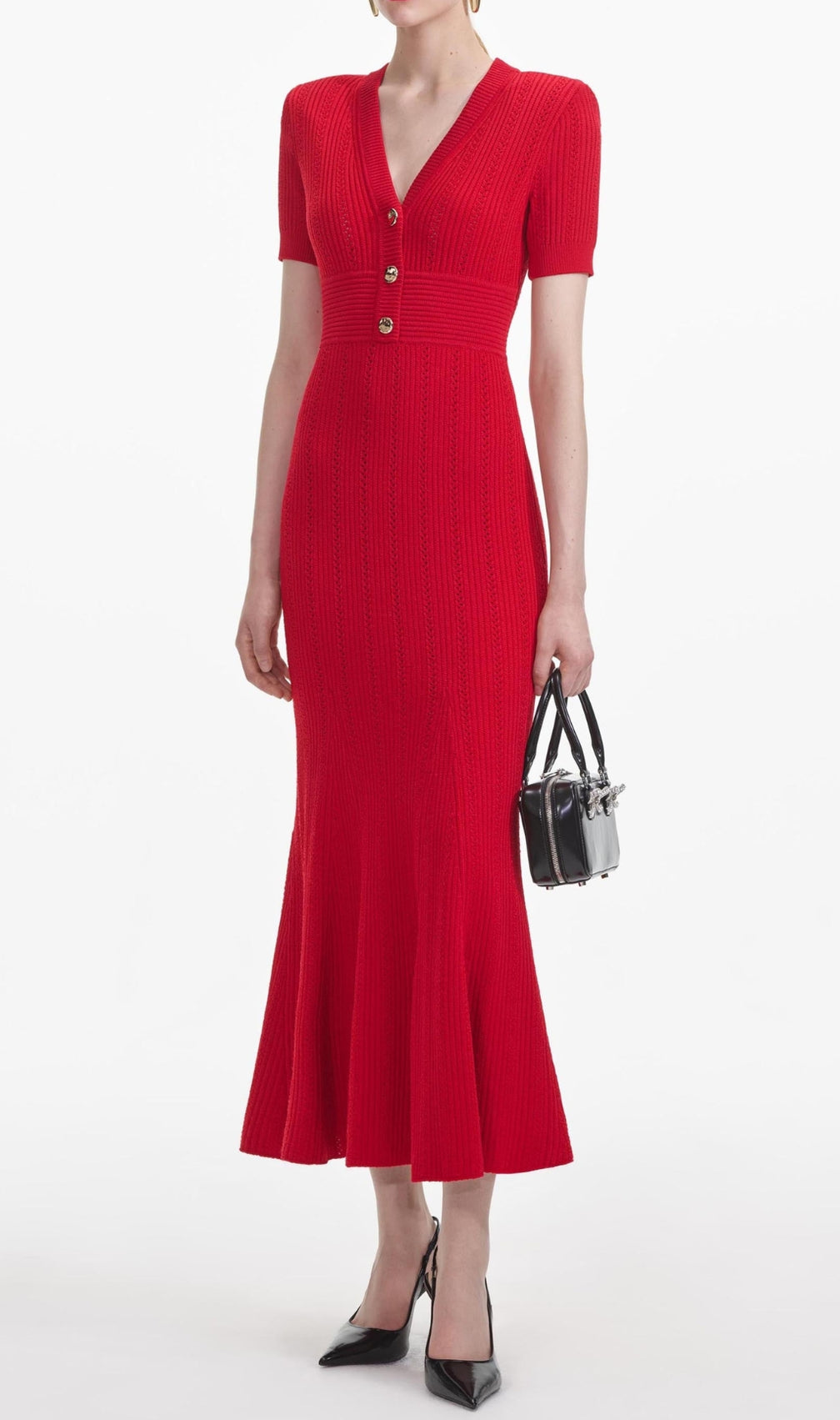 Red Pointelle Knit Midi Dress