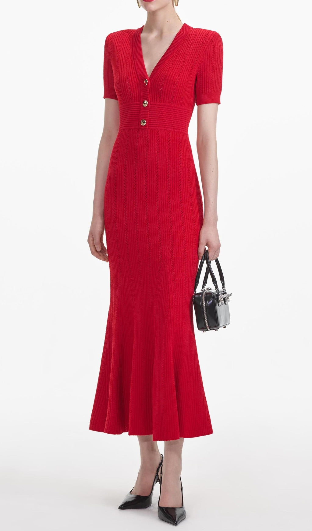 Red Pointelle Knit Midi Dress