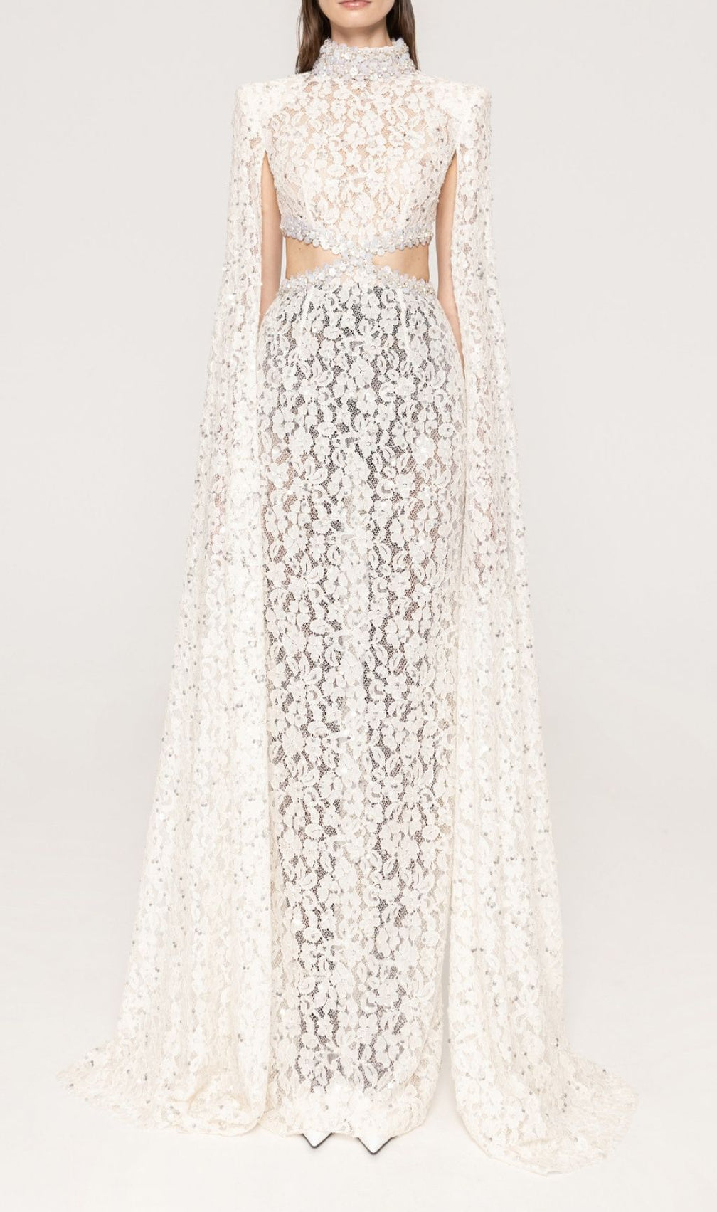Katoka Glamour White Lace Sequin Cutout Maxi Gown with Flowing Cape Sleeves