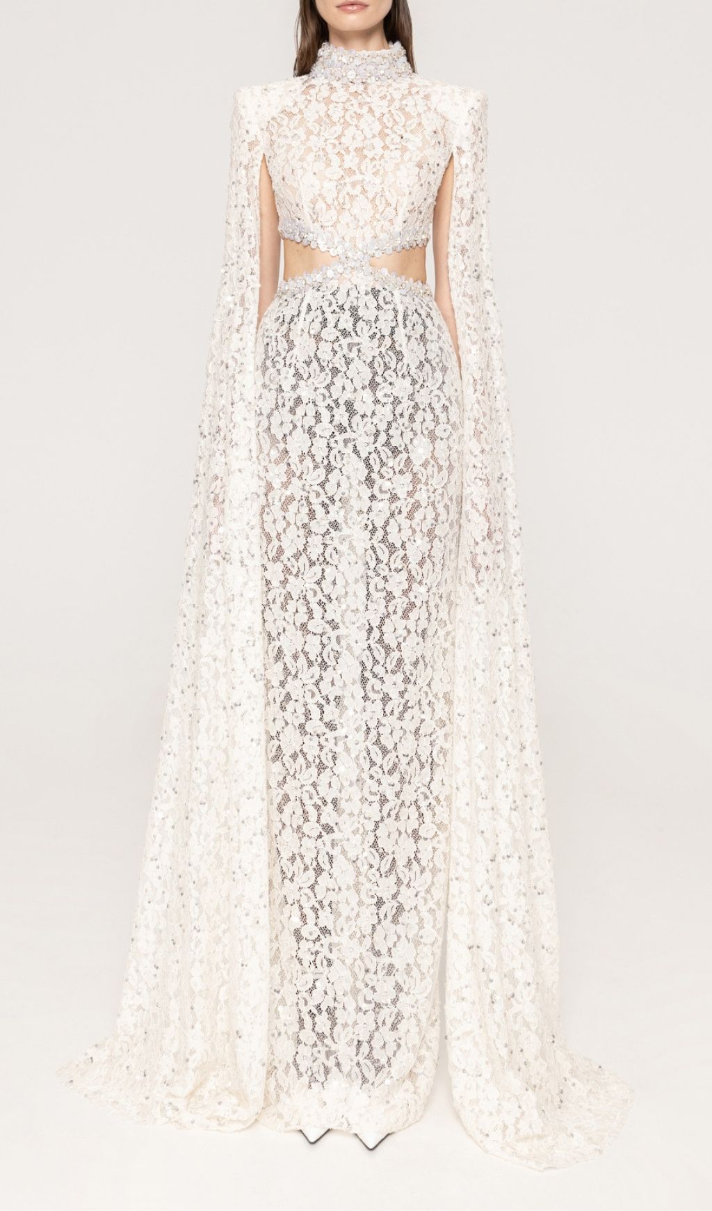 Katoka Glamour White Lace Sequin Cutout Maxi Gown with Flowing Cape Sleeves