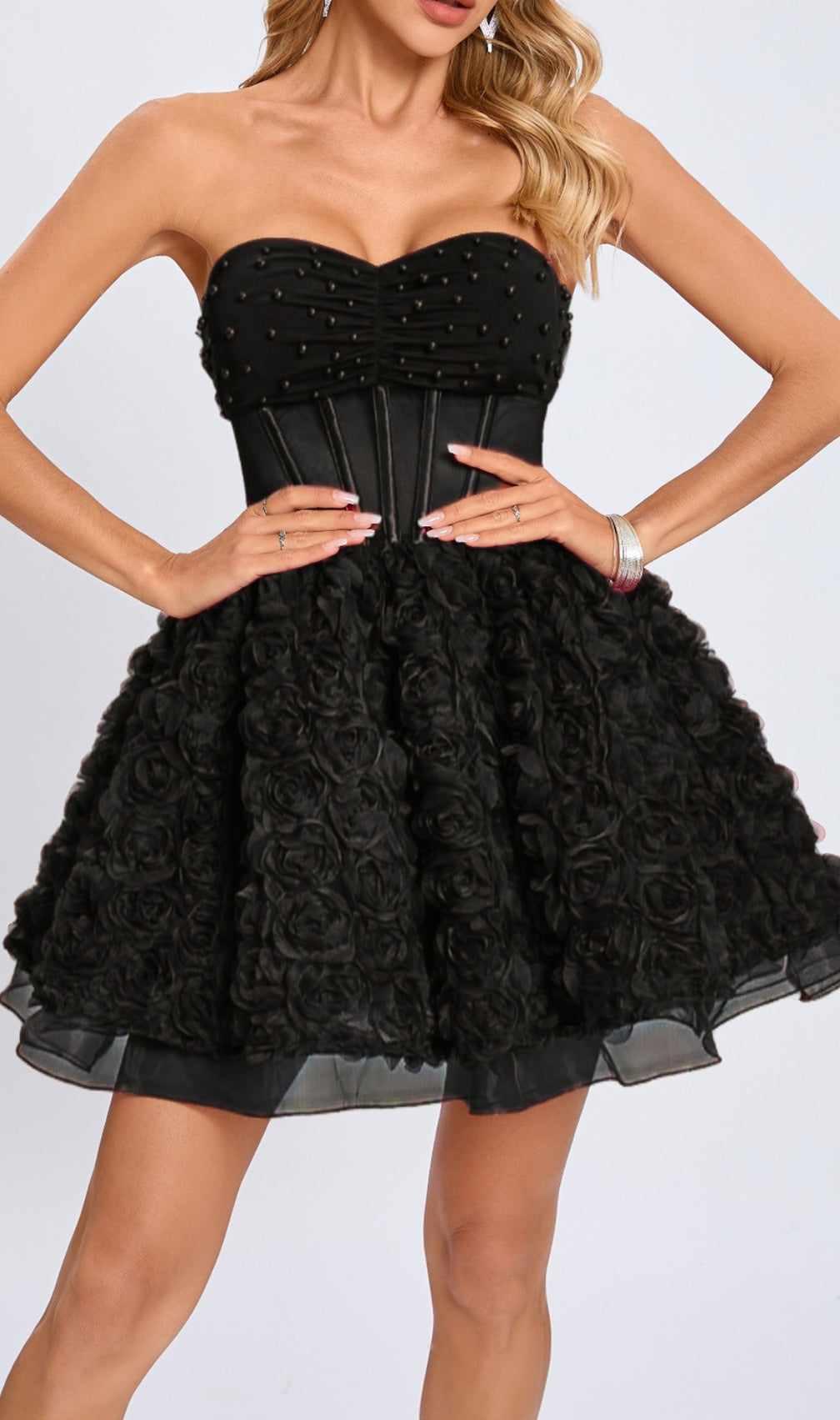 Eustacia Black Strapless Flower Corset Mini Dress