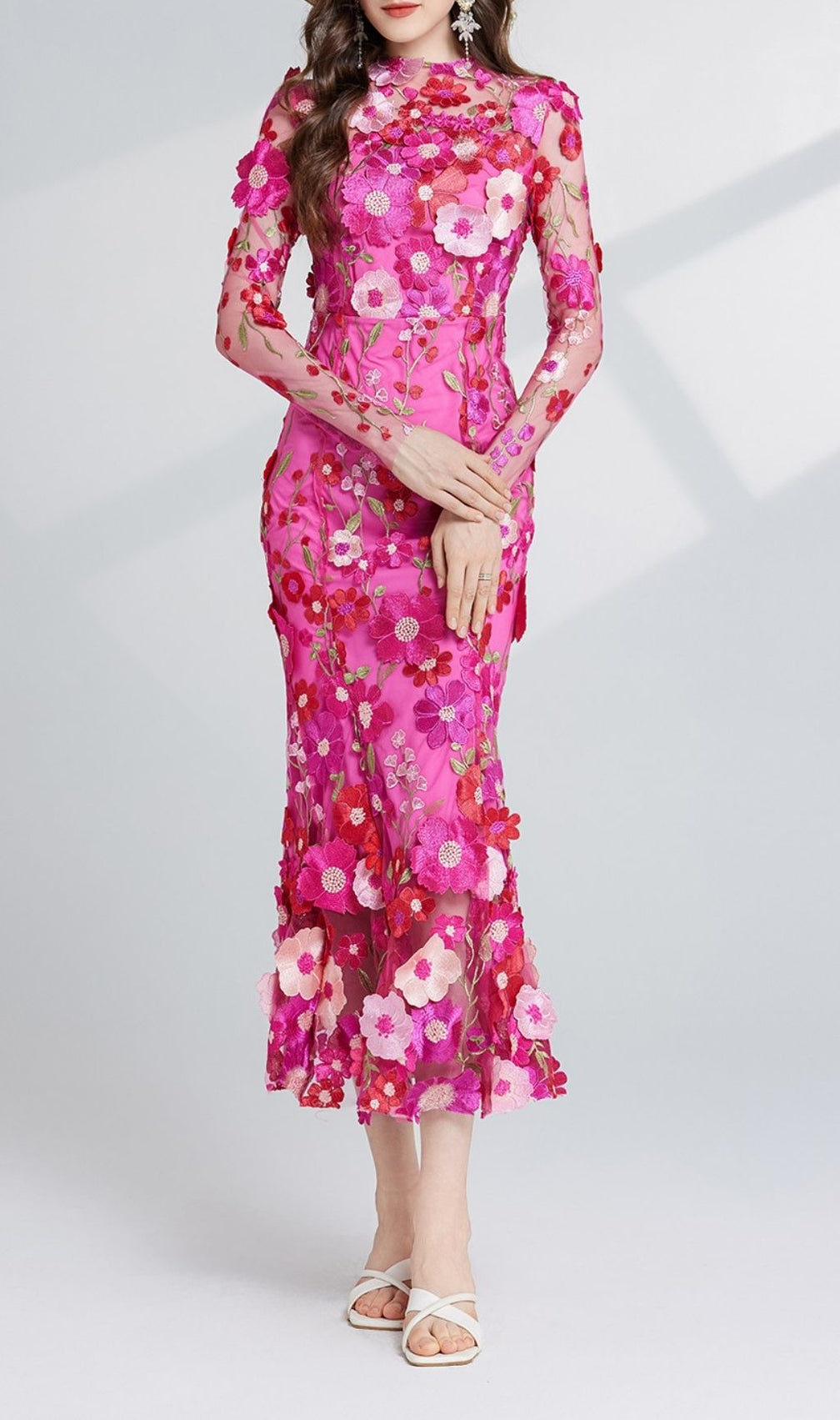 Carol Rose Red Floral Embroidery Mesh Fishtail Long Sleeve Midi Dress