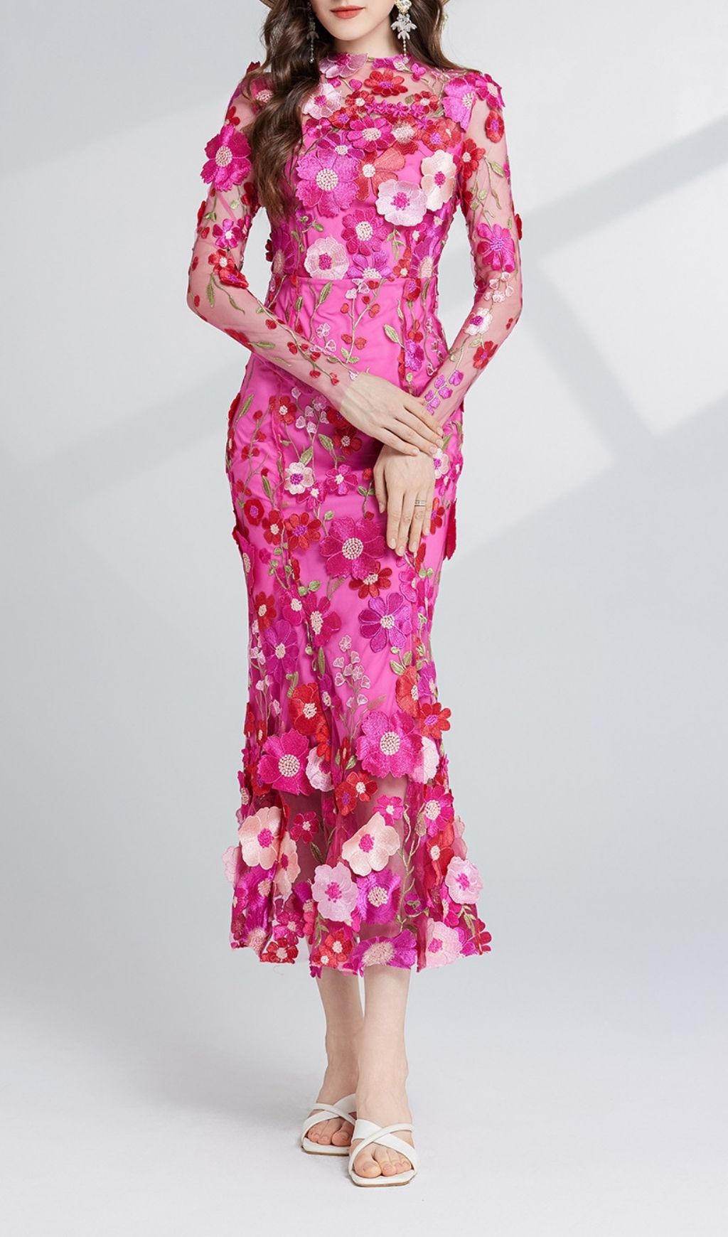 Carol Rose Red Floral Embroidery Mesh Fishtail Long Sleeve Midi Dress