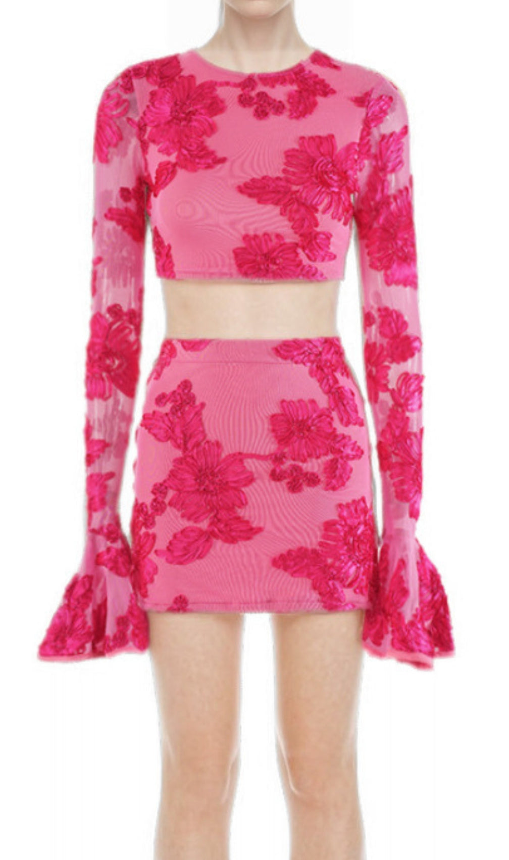 Daisy Flower Embroidery Flared Sleeve Skirt Set