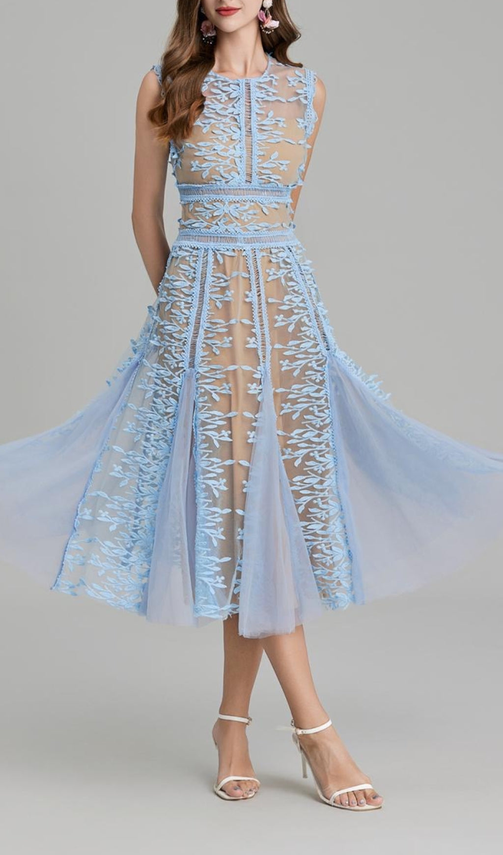 Audrianna Blue Embroidery Mesh Midi Dress