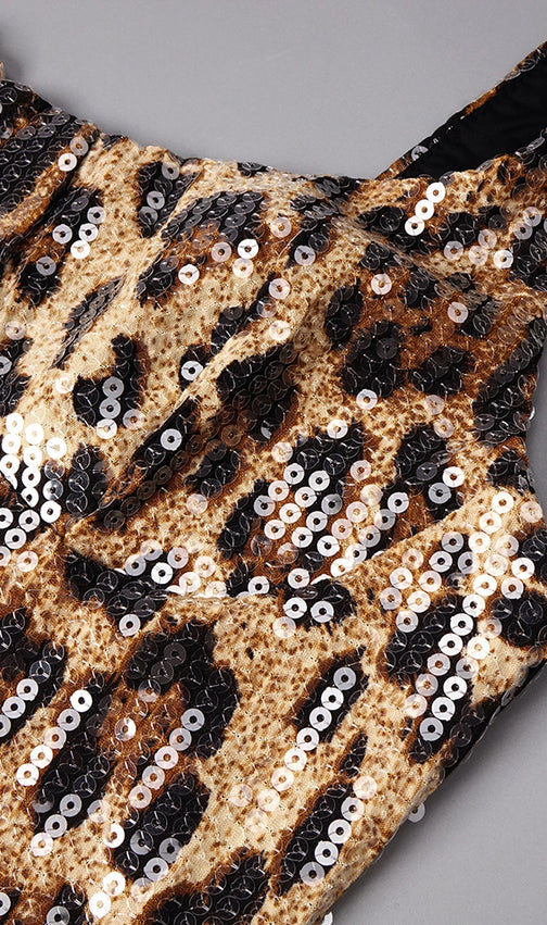 Jarrell Dazzling Leopard Sequin Maxi Gown with Dramatic Cape