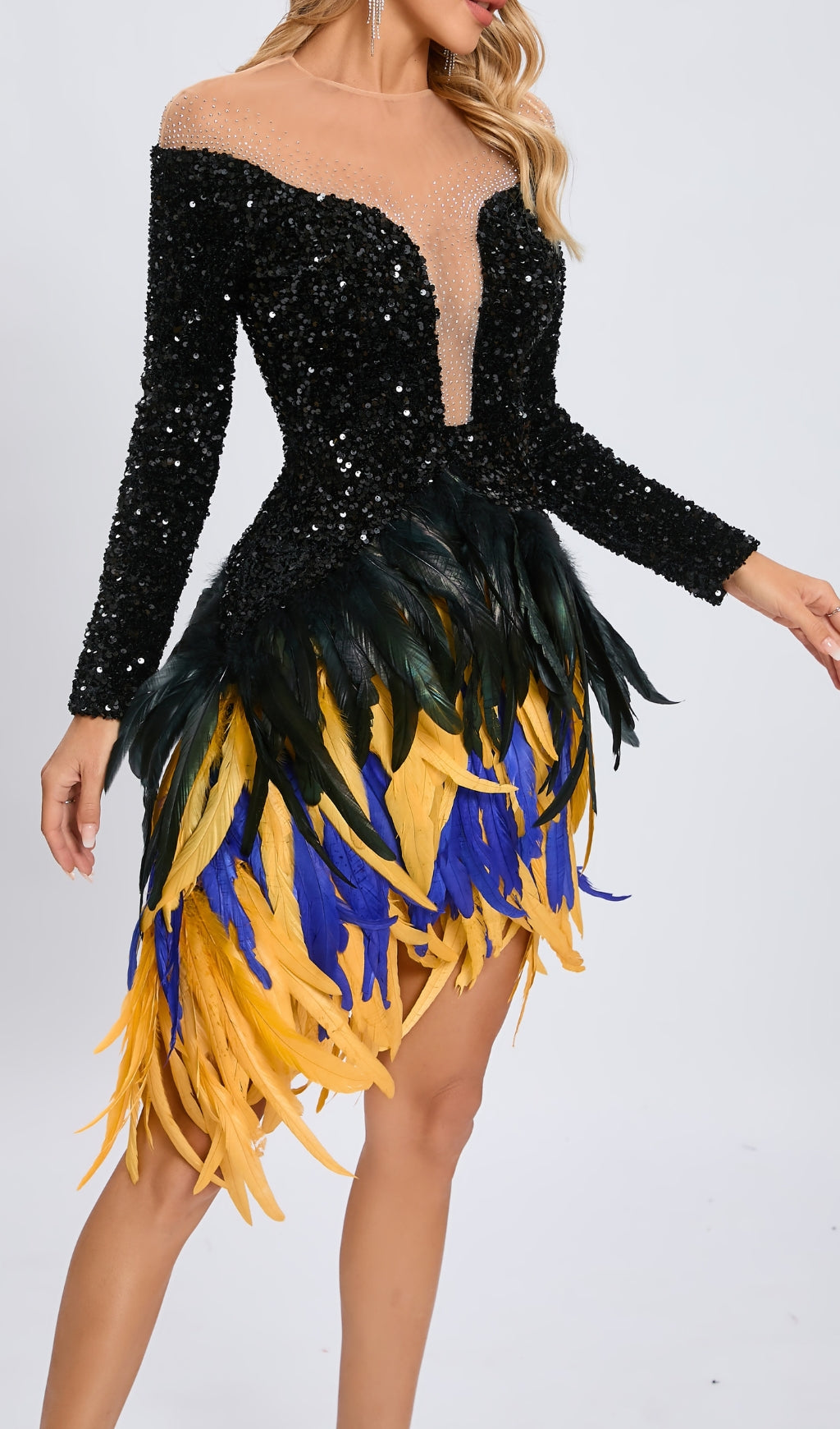 Long Sleeve Sequin Feather Dress Black