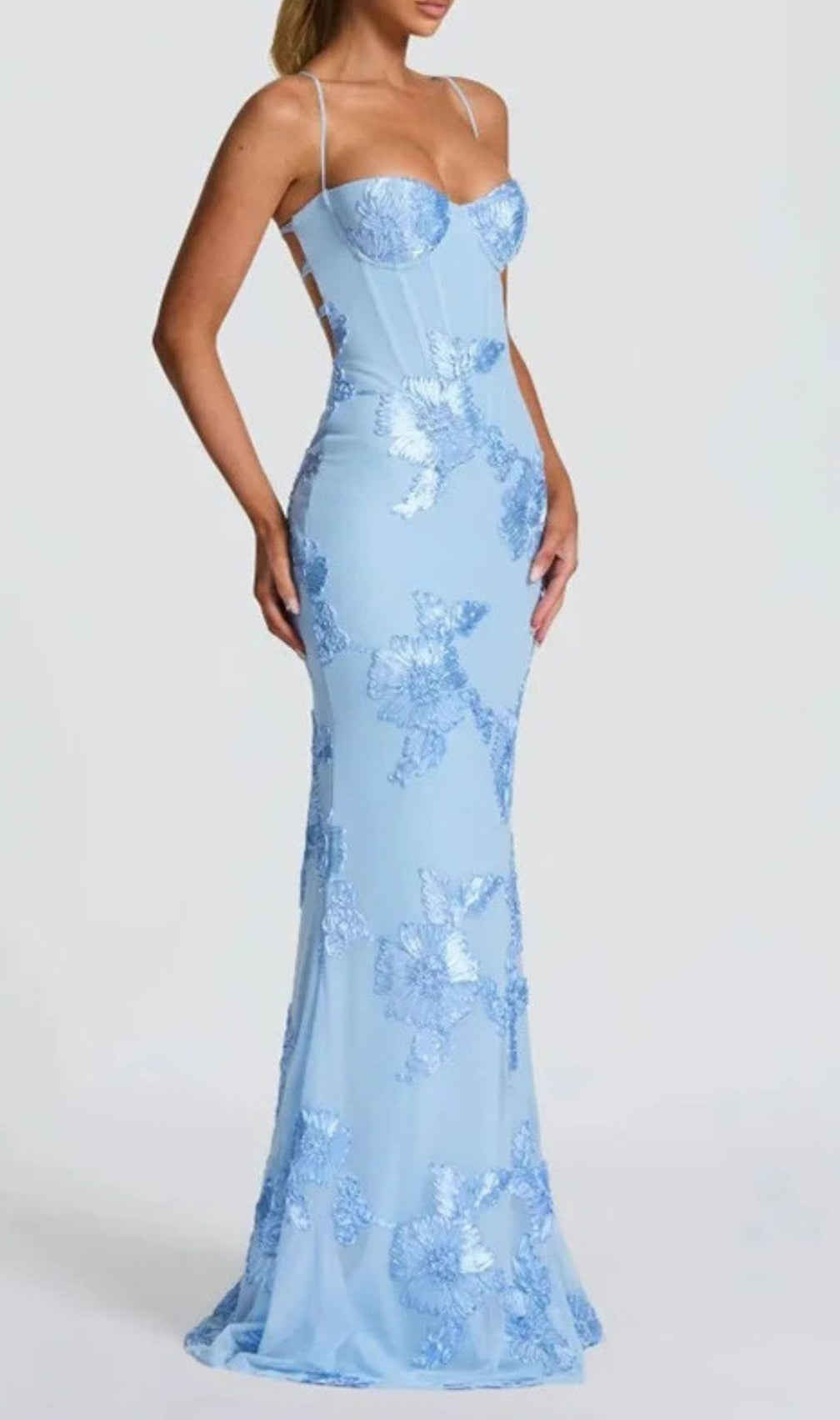 Jaleh Enchanting Blue Floral Backless Maxi Gown - Elegant Evening & Wedding Guest Dress