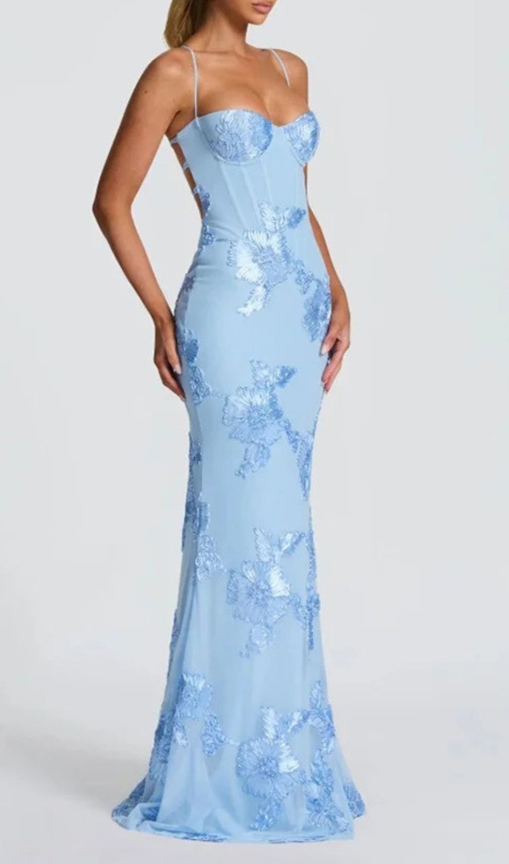 Jaleh Enchanting Blue Floral Backless Maxi Gown - Elegant Evening & Wedding Guest Dress