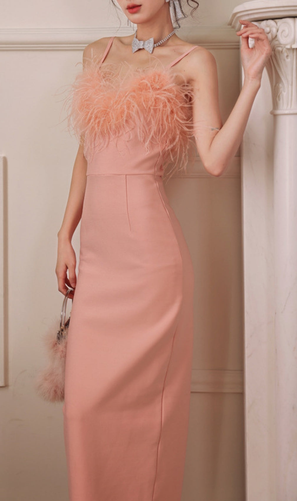 Ellette Peach Feather Maxi Dress