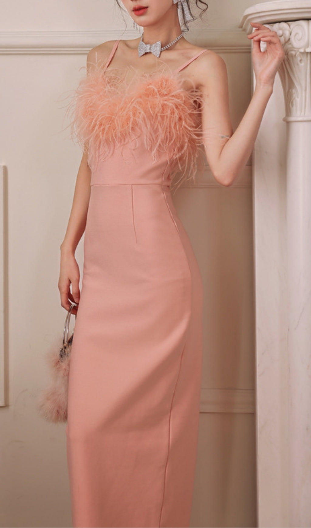 Ellette Peach Feather Maxi Dress