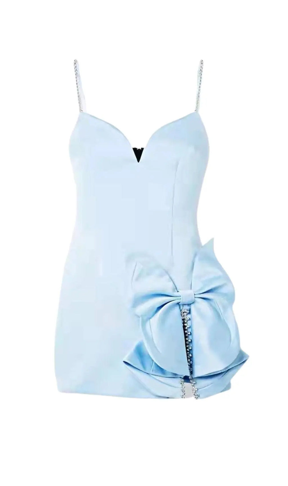 Dazzling Baby Blue Crystal Bow Mini Dress | Glamorous Party Wear