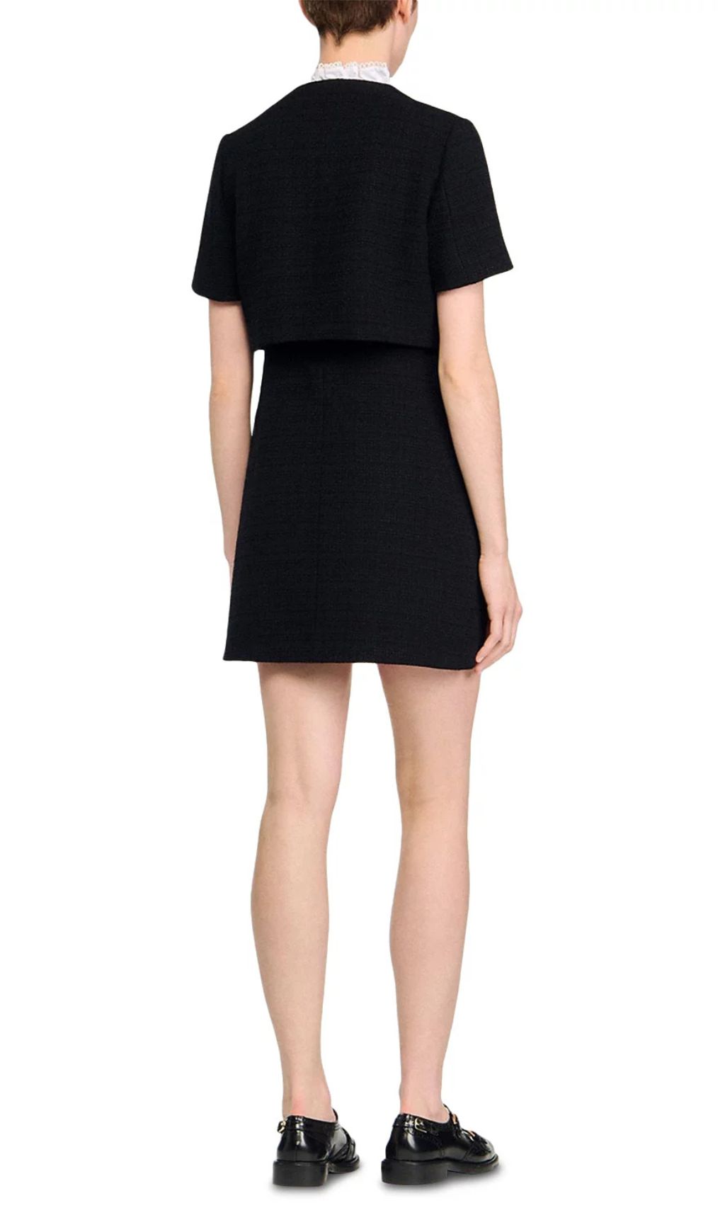 Elegant Black Tweed-Style Mini Dress | Removable Lace Collar & Gold Buttons