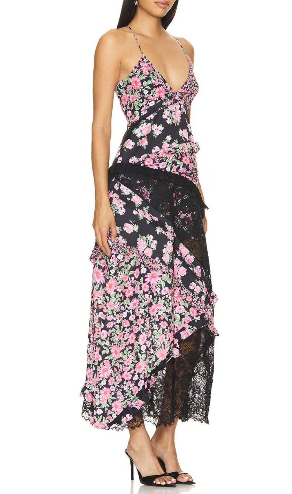 Georgia Black Floral & Lace Maxi Dress | Romantic V-Neck Ruffle Gown