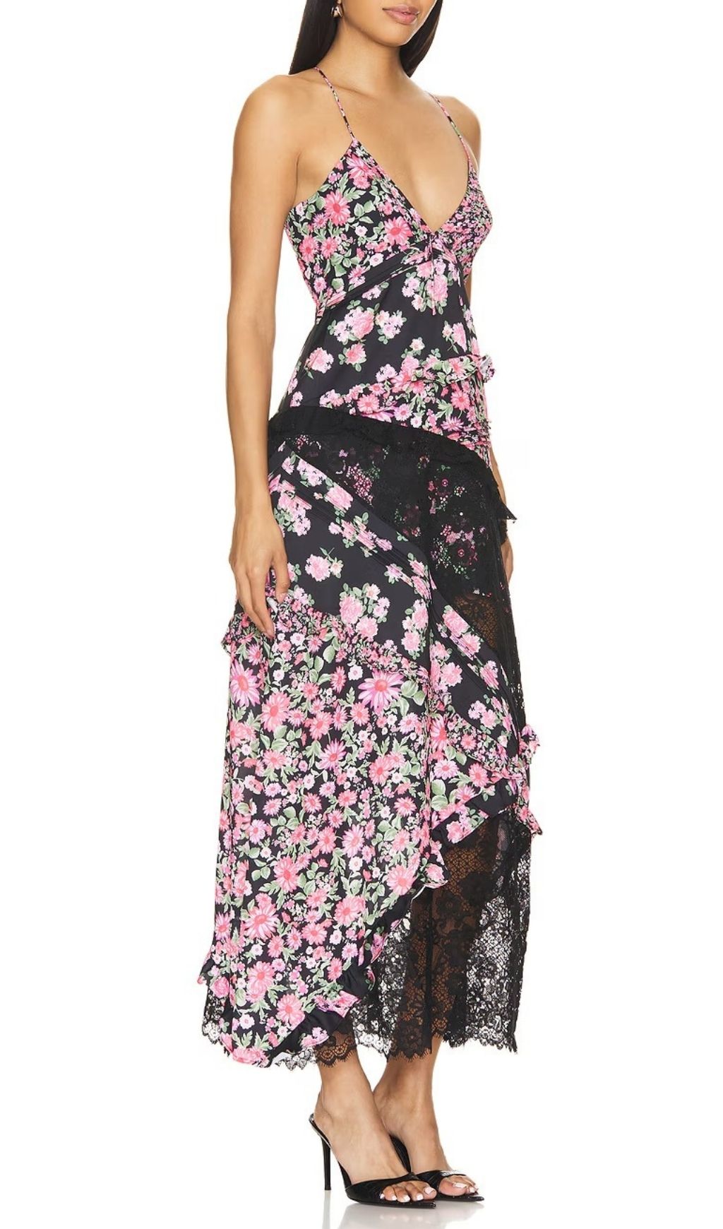 Georgia Black Floral & Lace Maxi Dress | Romantic V-Neck Ruffle Gown