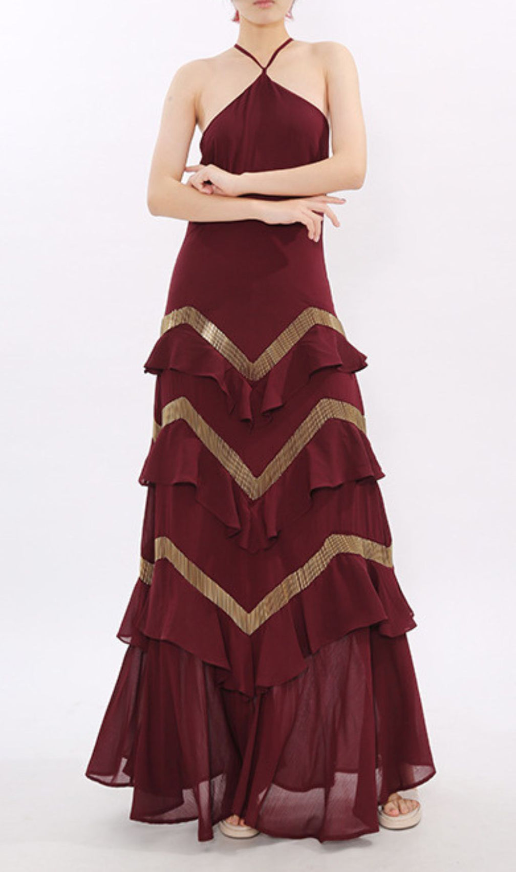 Jia Wine Red Halter Maxi Dress with Golden Chevron Ruffles