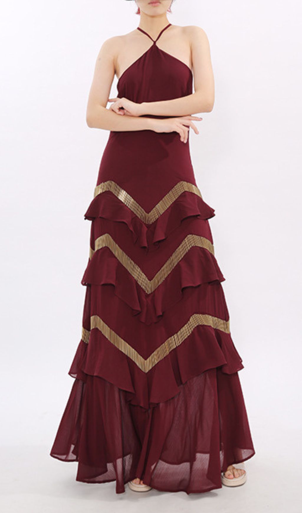 Jia Wine Red Halter Maxi Dress with Golden Chevron Ruffles