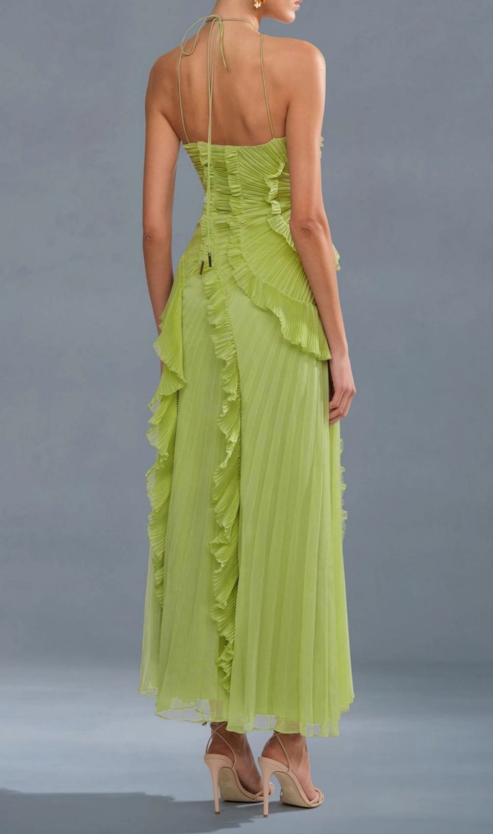 Finneas Matcha Green Halter Pleated Ruffle Maxi Dress - Elegant Resort & Event Gown