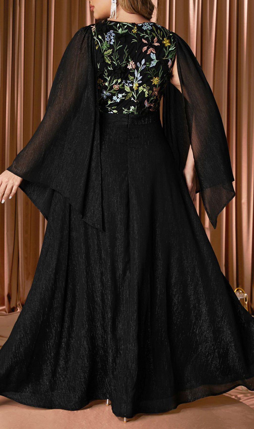 Elegant Ikaika Plus Size Floral Embroidered Maxi Dress with Dramatic Cape Sleeves