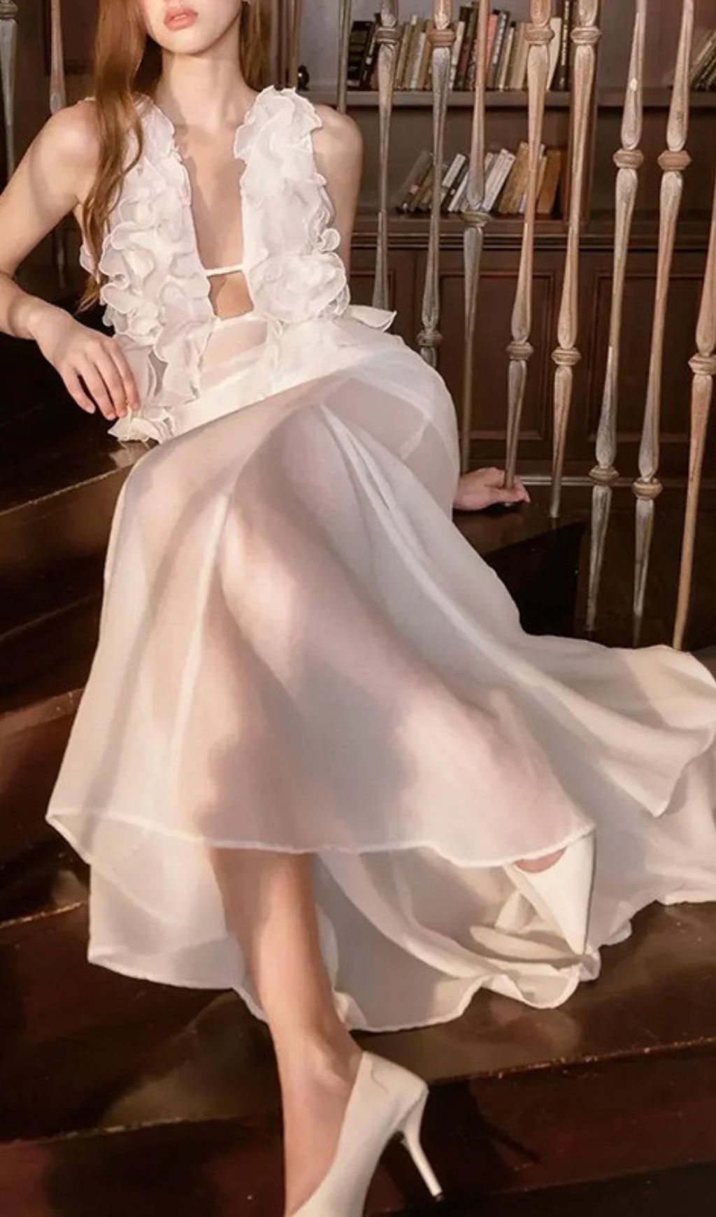 Harleigh White Ruffled Mesh Maxi Dress - Ethereal Elegance for Galas & Weddings