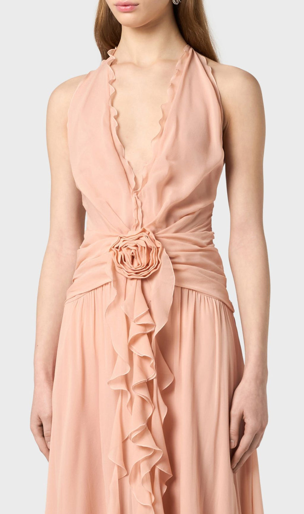 Florine Dusty Rose Halter Flower Ruffle Maxi Dress