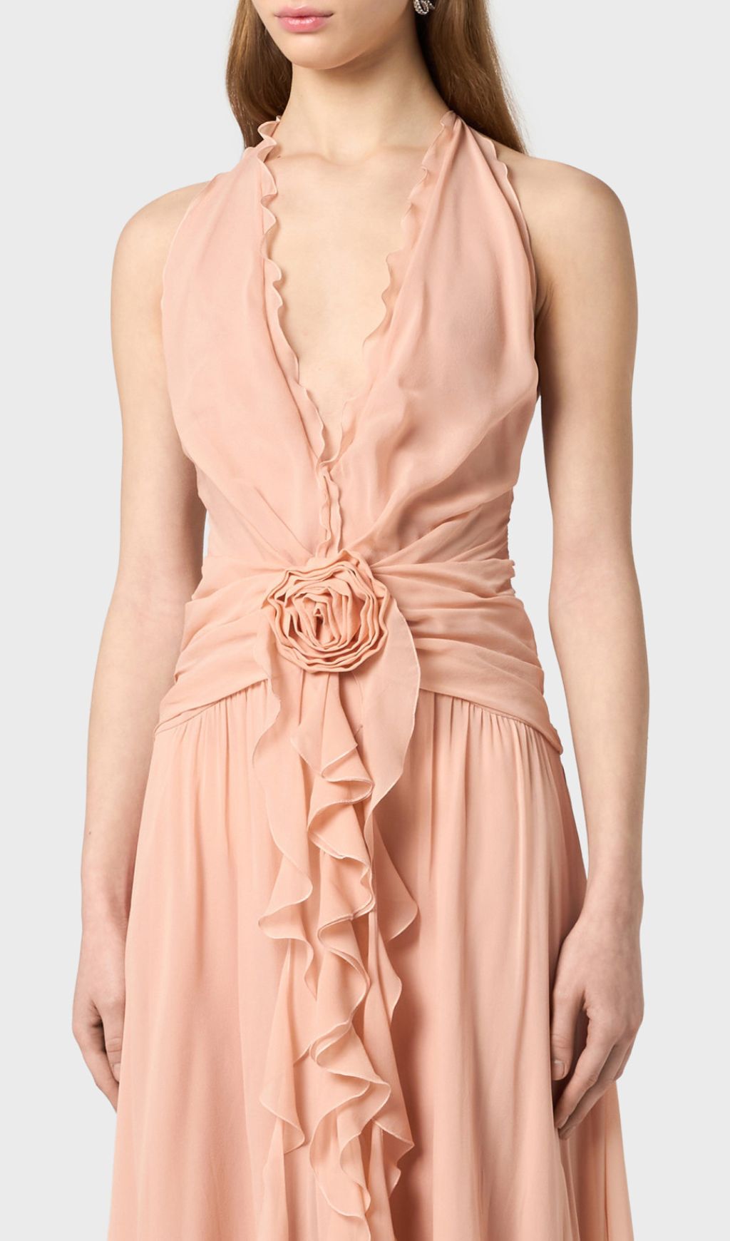 Florine Dusty Rose Halter Flower Ruffle Maxi Dress