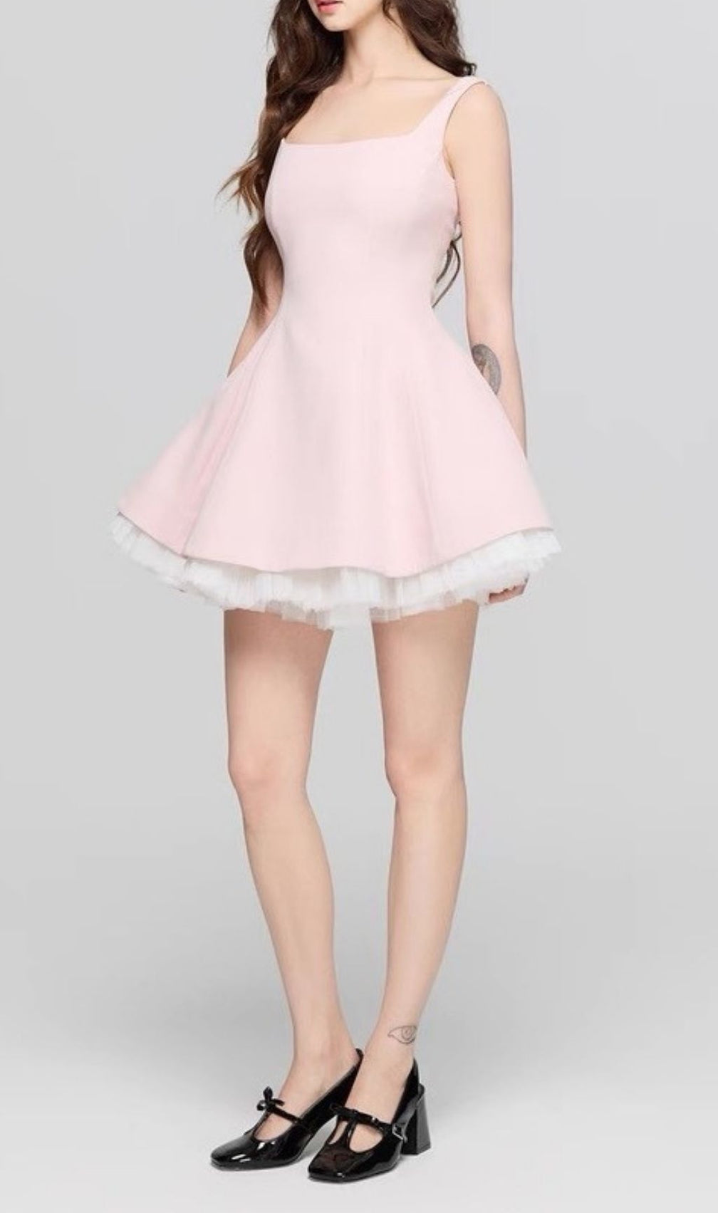 Karlie Sweet Pink Square Neck Fit & Flare Mini Dress with Tulle