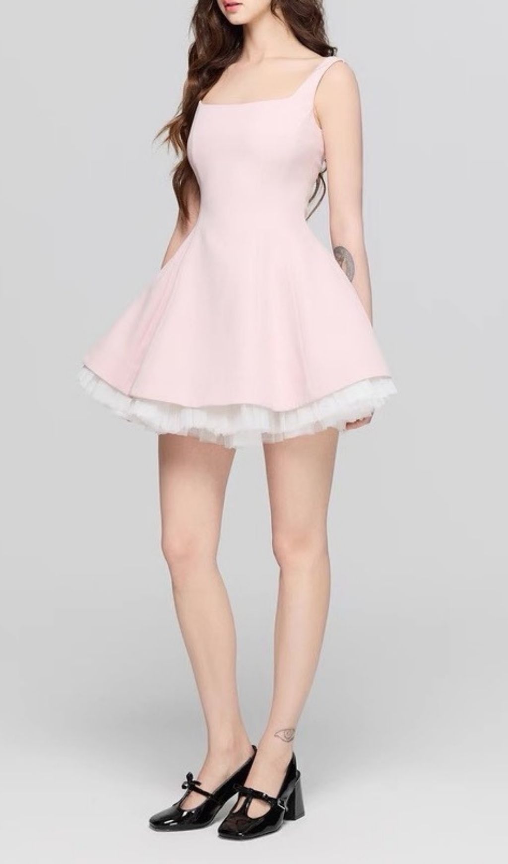 Karlie Sweet Pink Square Neck Fit & Flare Mini Dress with Tulle