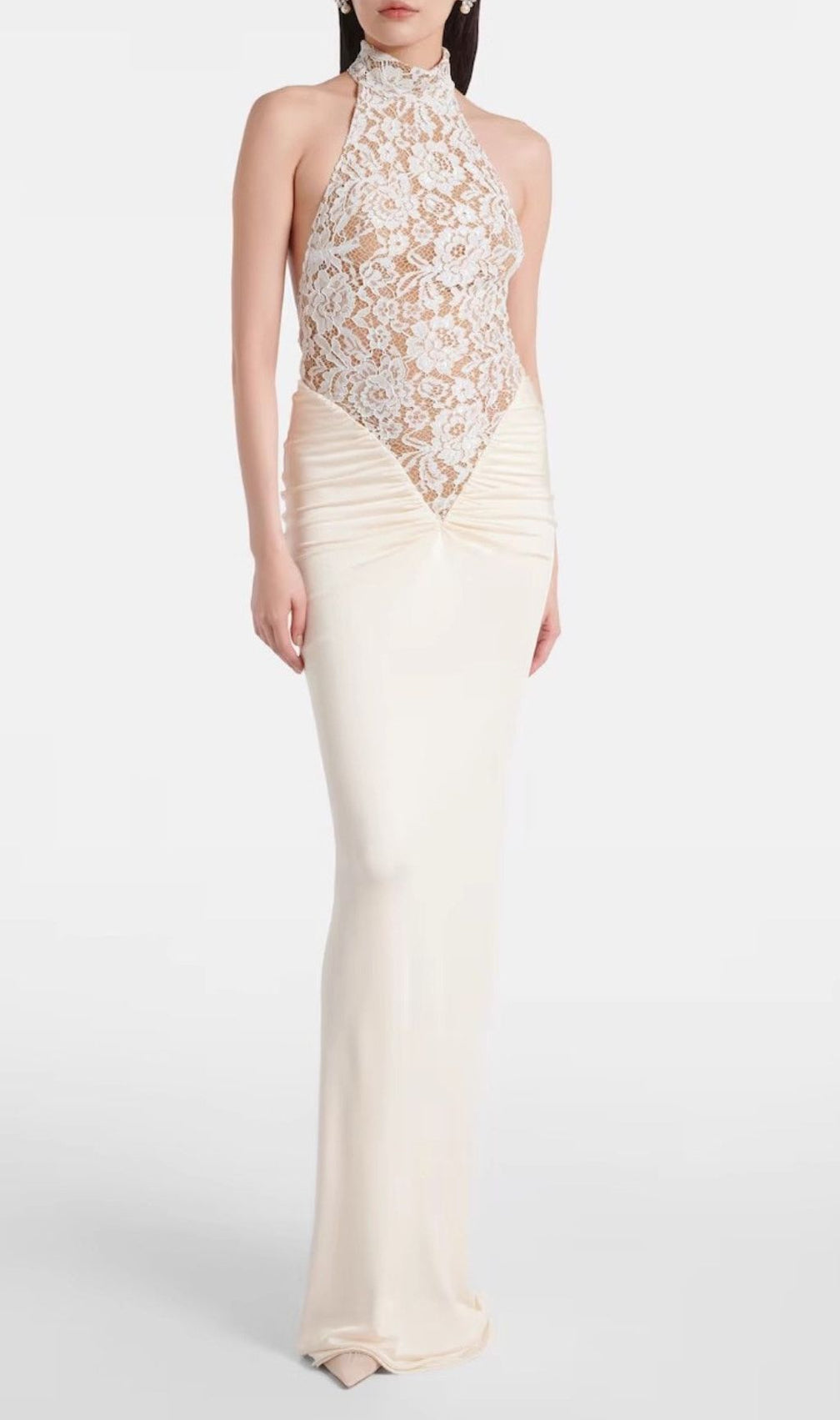 Halina White Halter Lace Maxi Dress