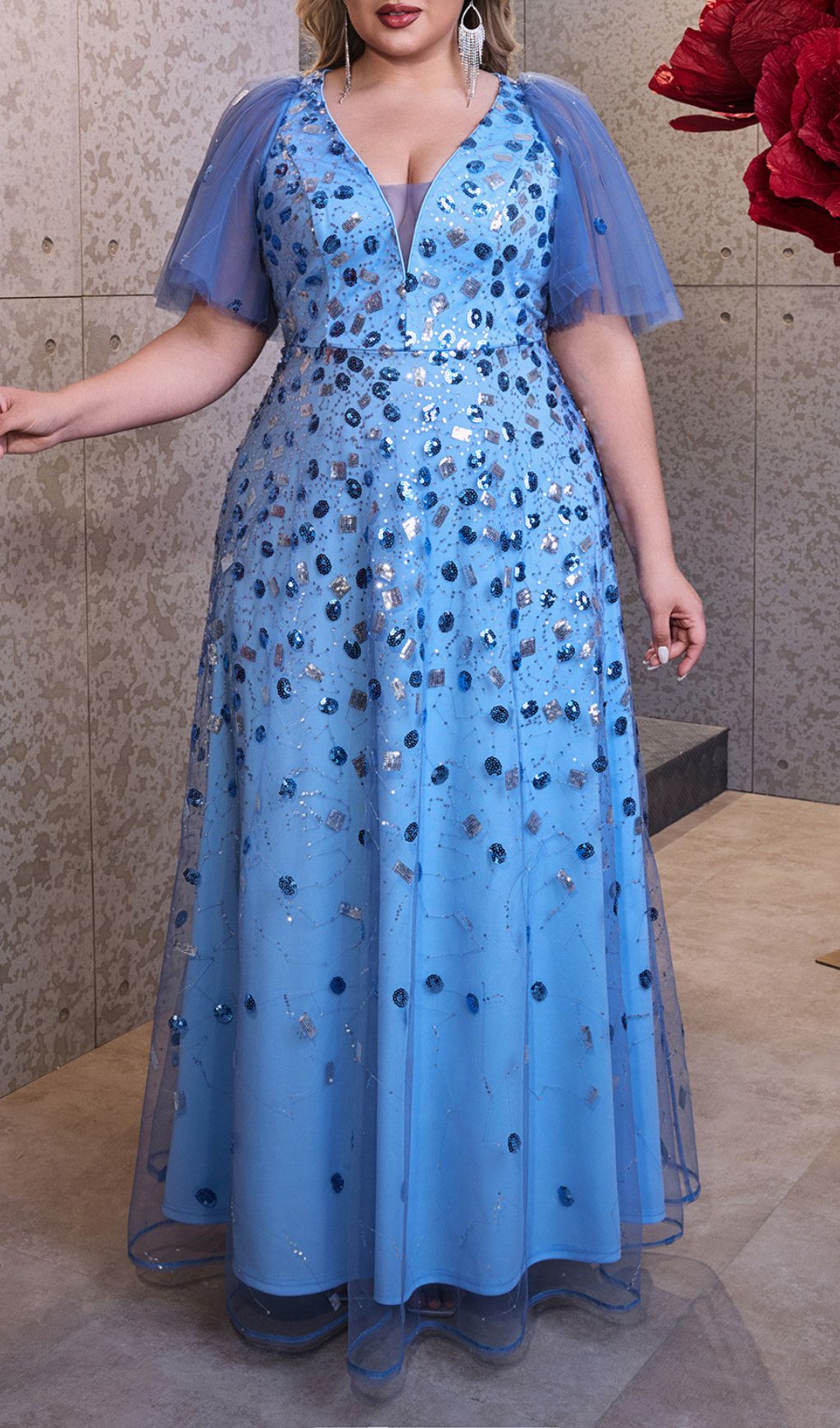Inari Dazzling Blue Sequin Mesh Plus Size Maxi Gown - Elegant Evening Dress