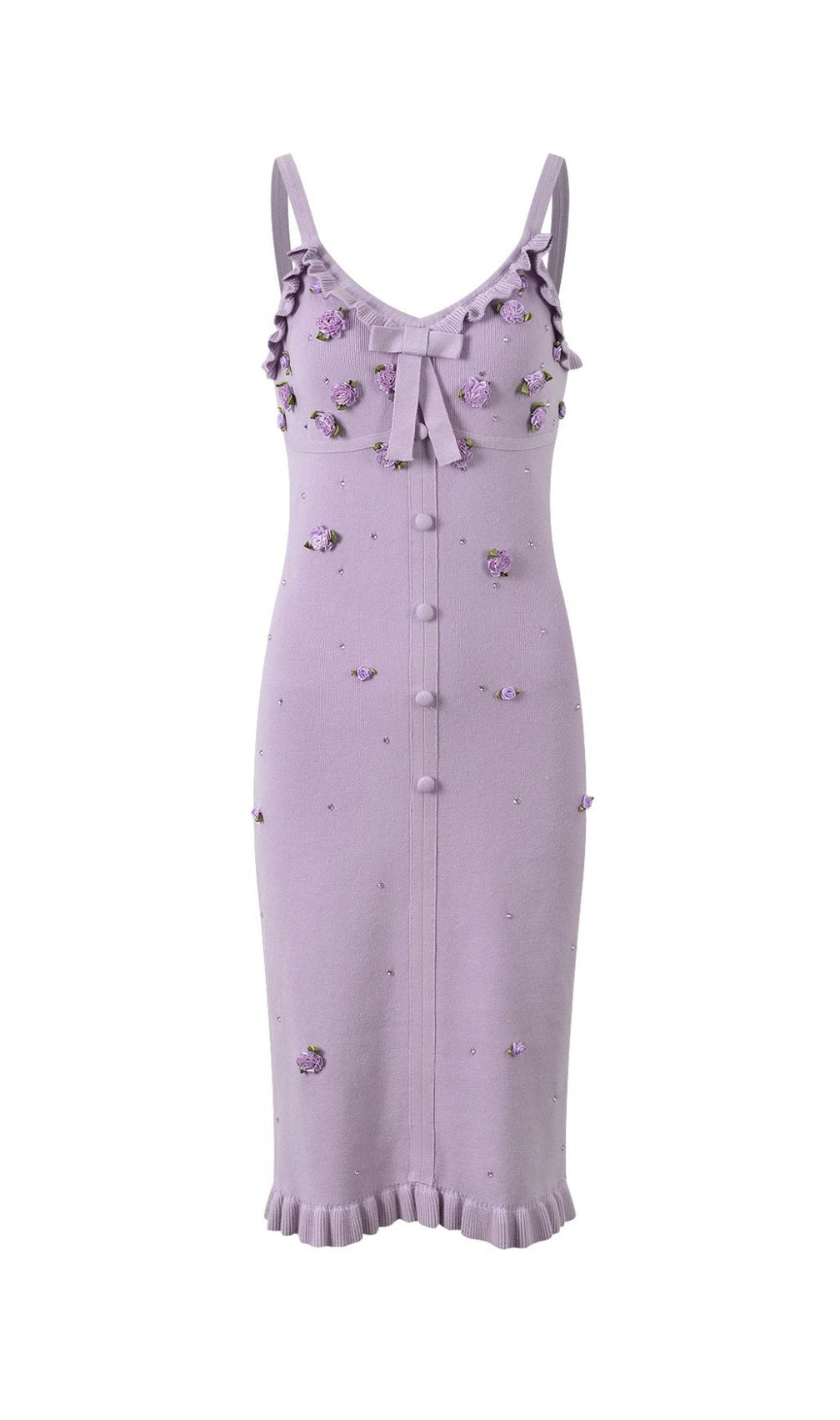 Romantic Lilac Floral Appliqué Knit Cardigan & Midi Dress Set