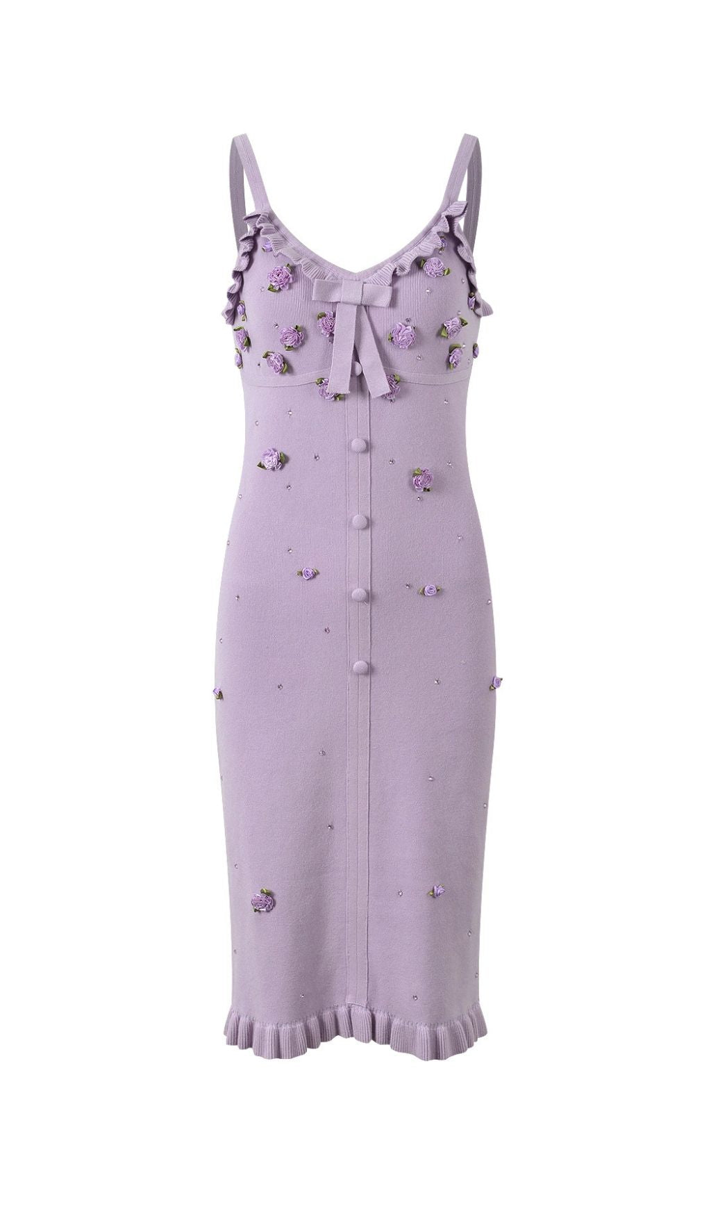 Romantic Lilac Floral Appliqué Knit Cardigan & Midi Dress Set