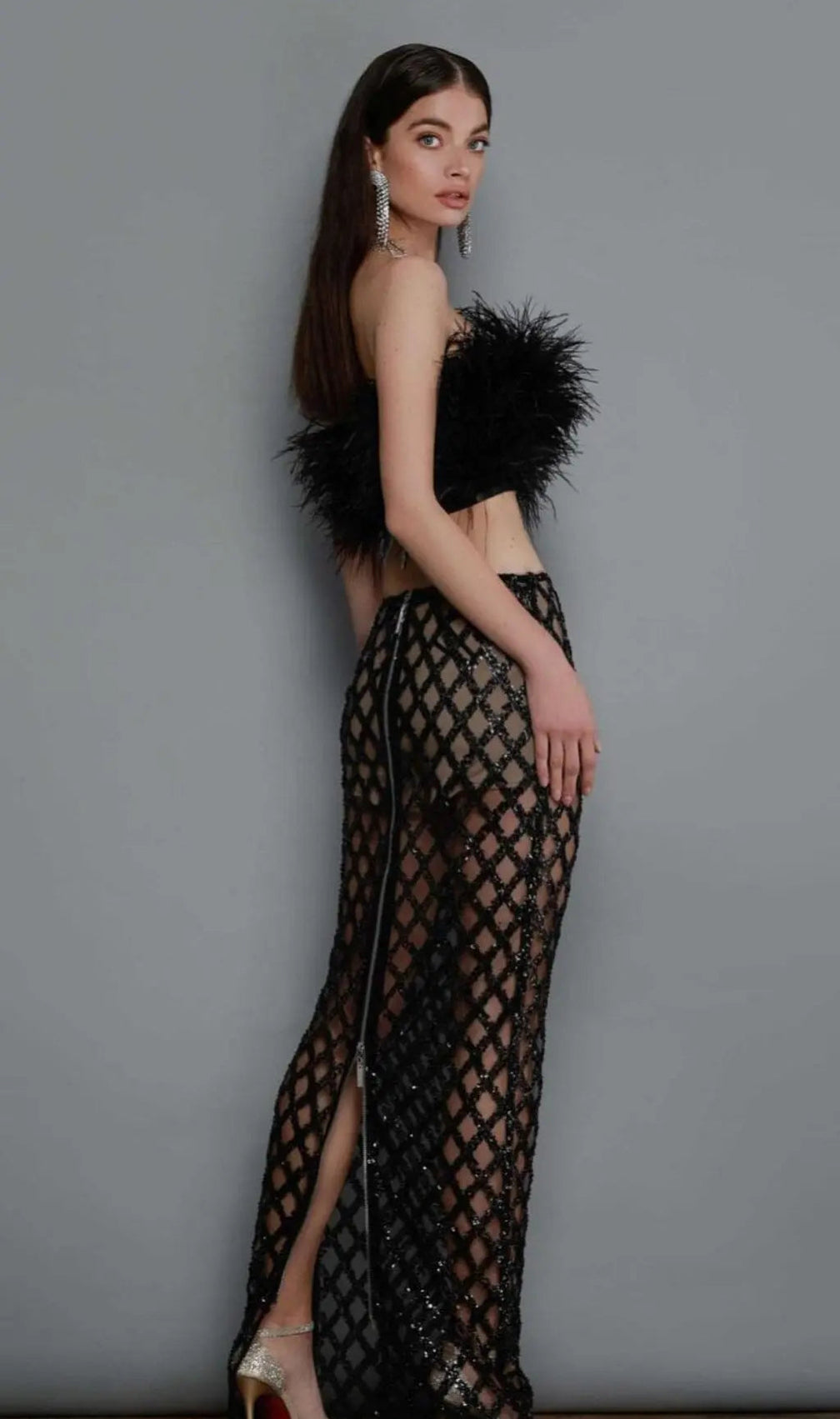 Feather Sequin Two Piece Set In Black