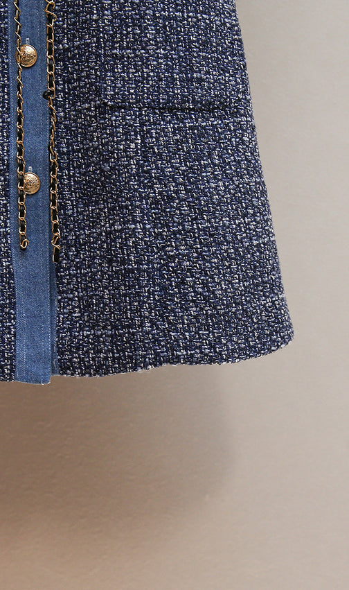 Chic Tweed & Denim Mini Dress with Gold Chain Accents | Hatsuye