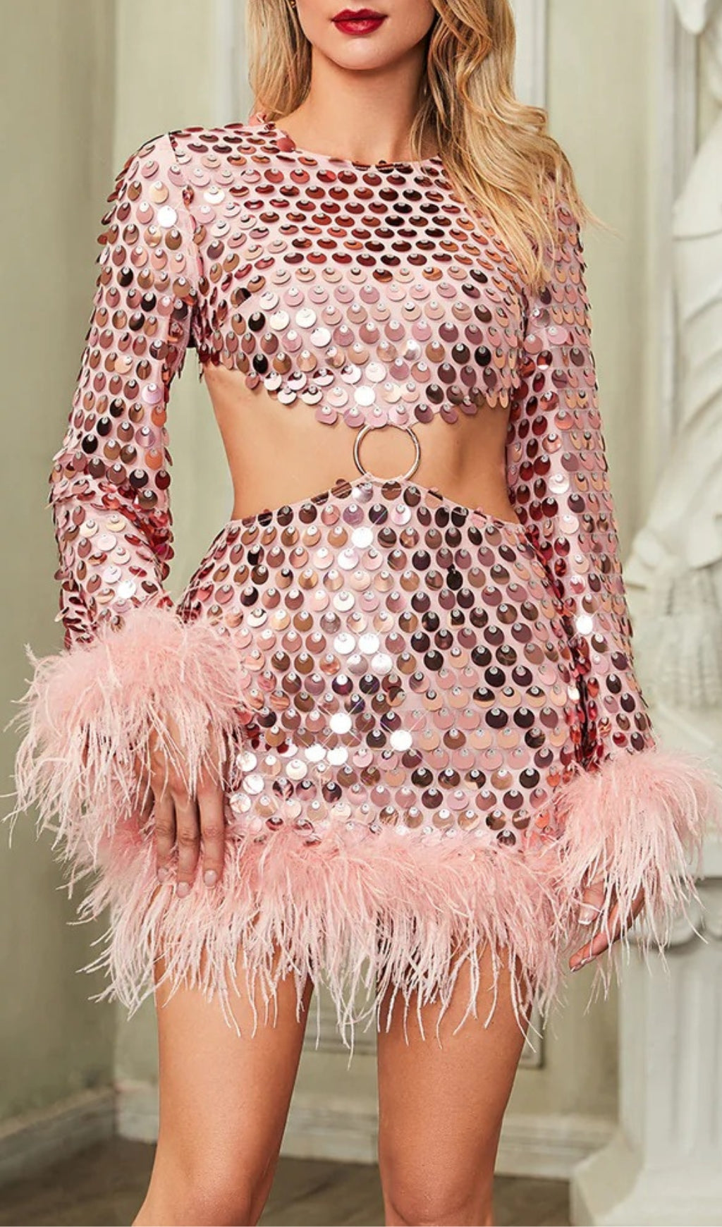 Alannah Sequinned Feather-Trim Mini Dress