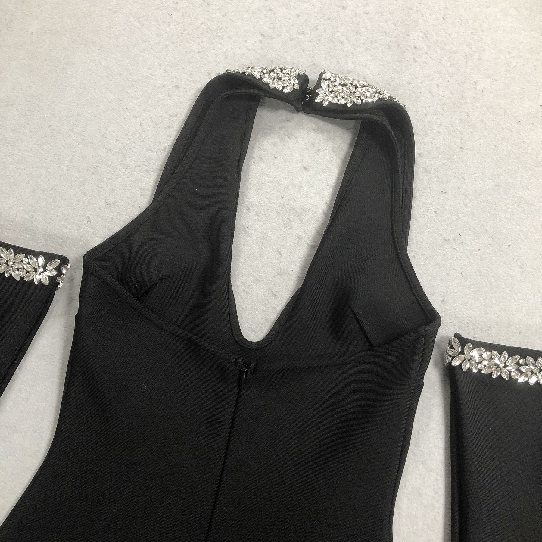 Jeneal Black Halter Diamante Midi Bandage Dress