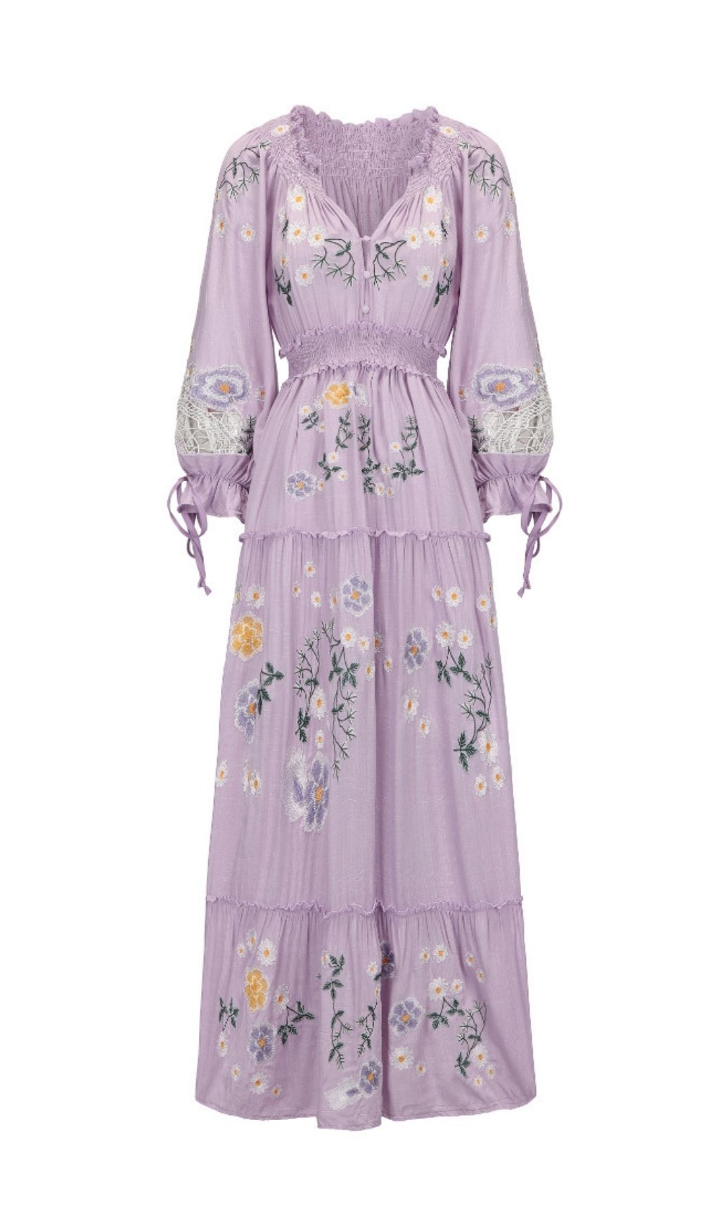 Kamalani Lavender Dreams Embroidered Maxi Dress | Bohemian Floral Tiered Gown
