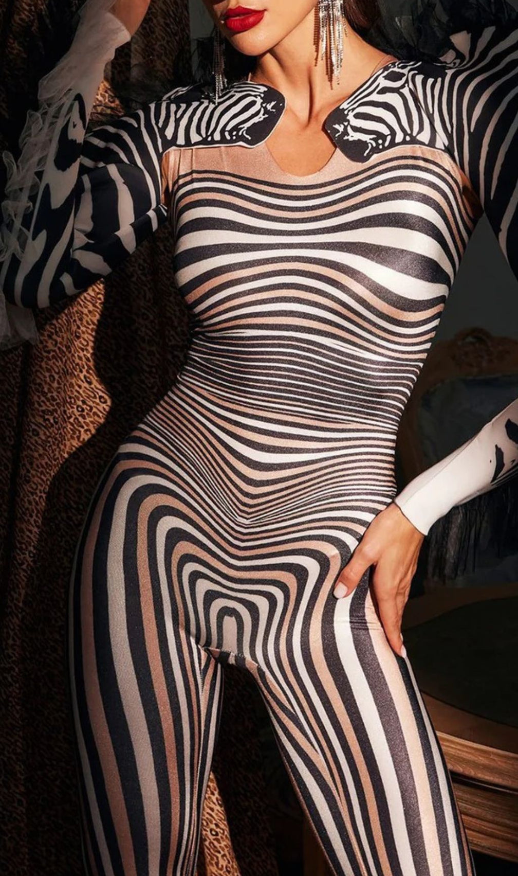 Assisi Glamour: Tulle-Trimmed Optical Illusion Zebra Jumpsuit