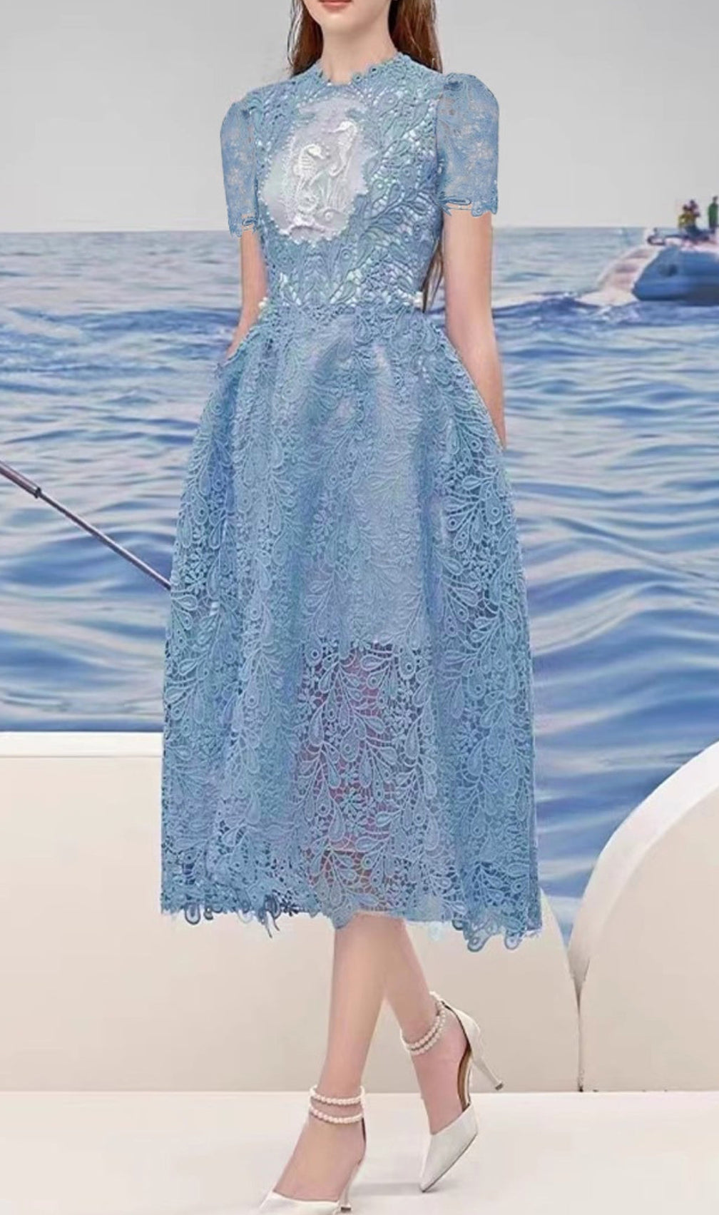 Arafa Blue Embroidery Midi Dress