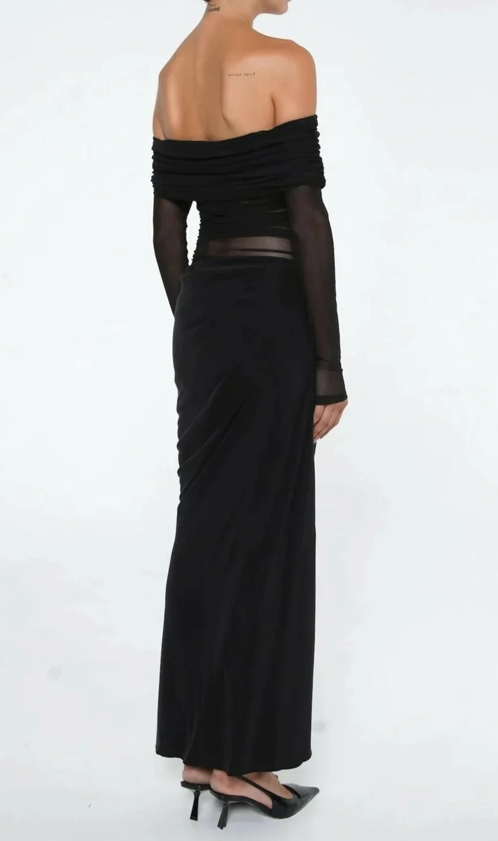 Dawood Black Off-Shoulder Long Sleeve Mesh Maxi Dress