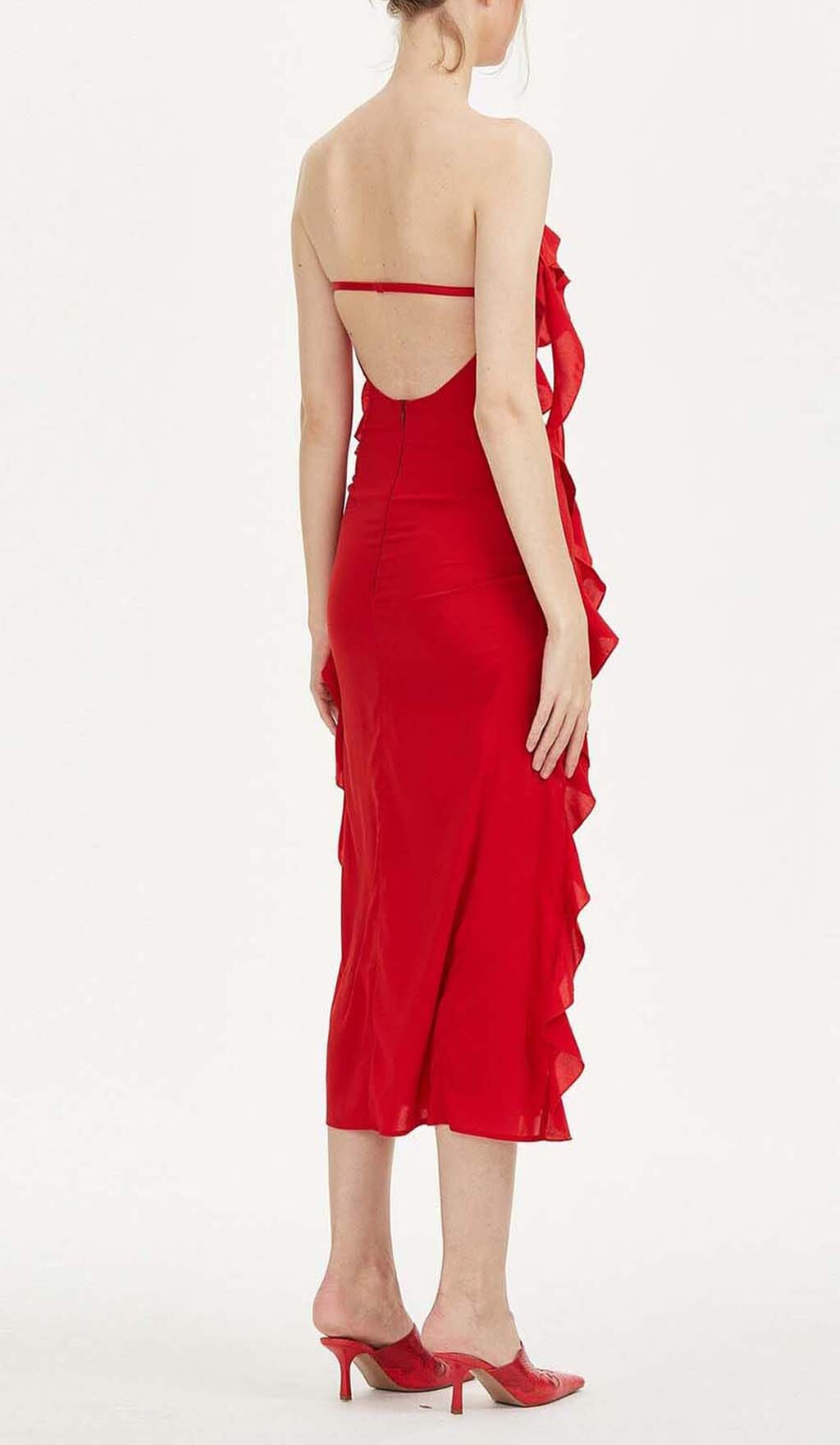 Strapless Ruffle Slit Midi Dress In Red