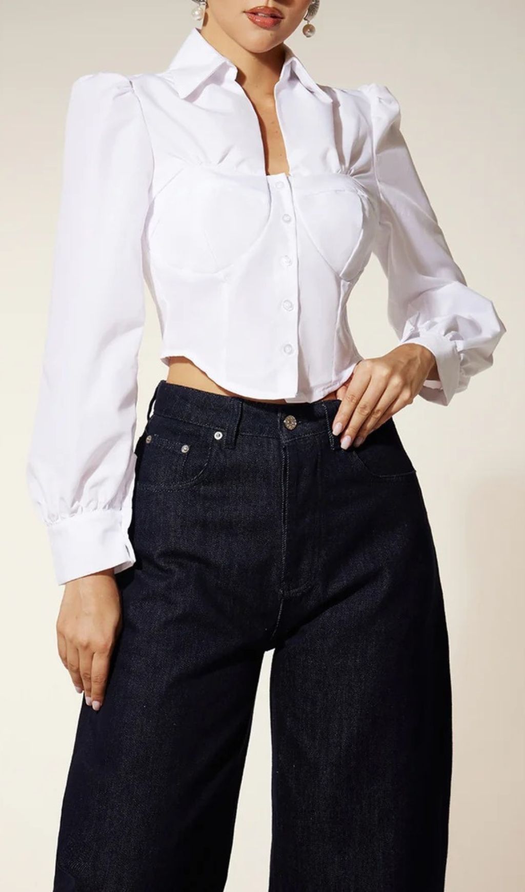 Ehren Chic Corset Bustier Long Sleeve Blouse | Puff Sleeve Cropped Top