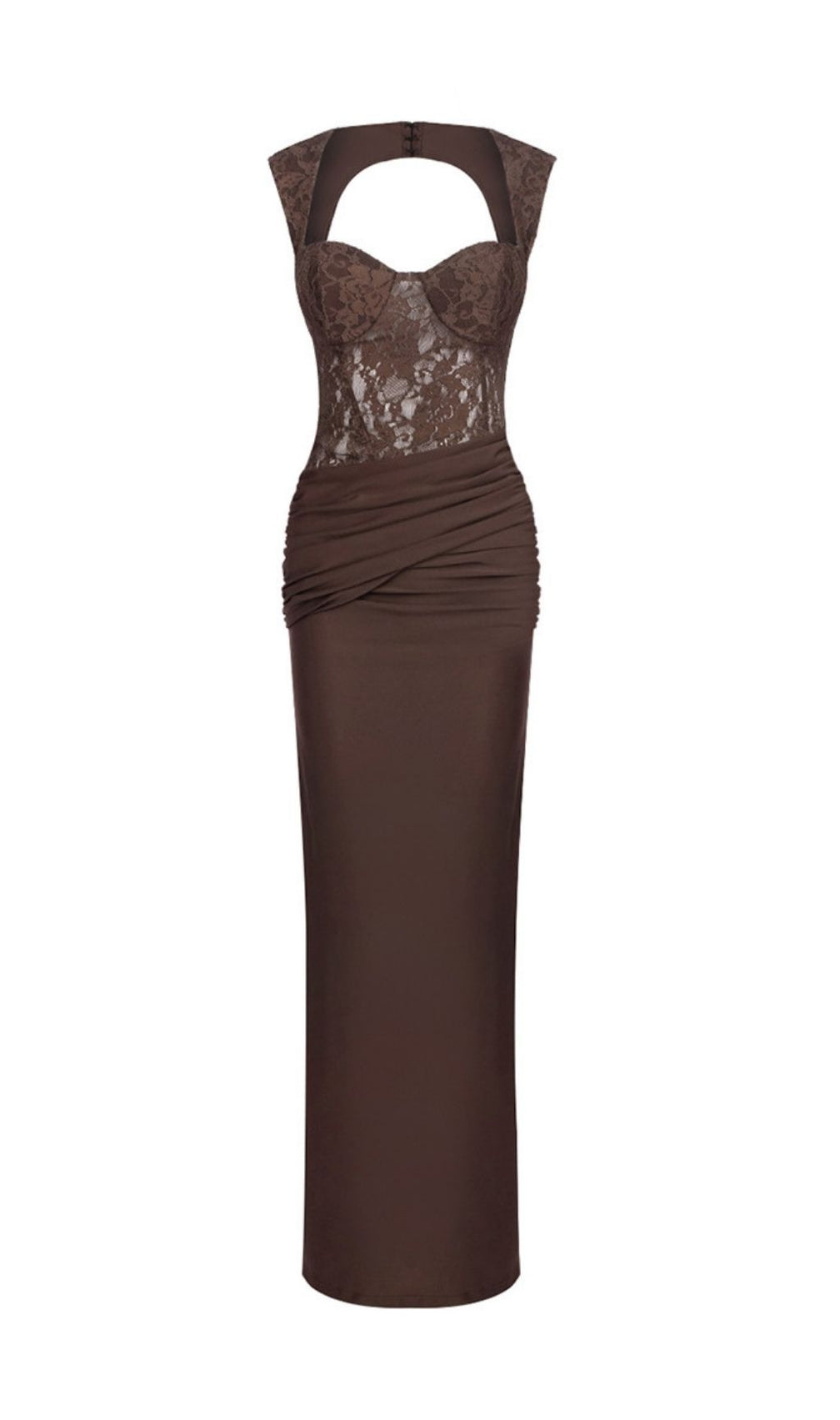 Keegan Elegant Brown Lace Ruched Maxi Dress