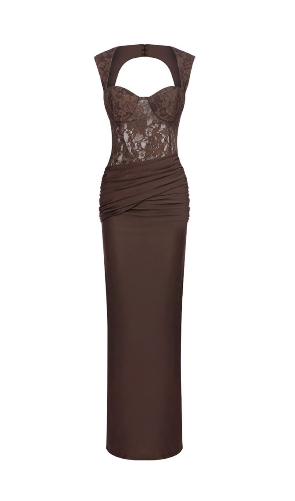 Keegan Elegant Brown Lace Ruched Maxi Dress