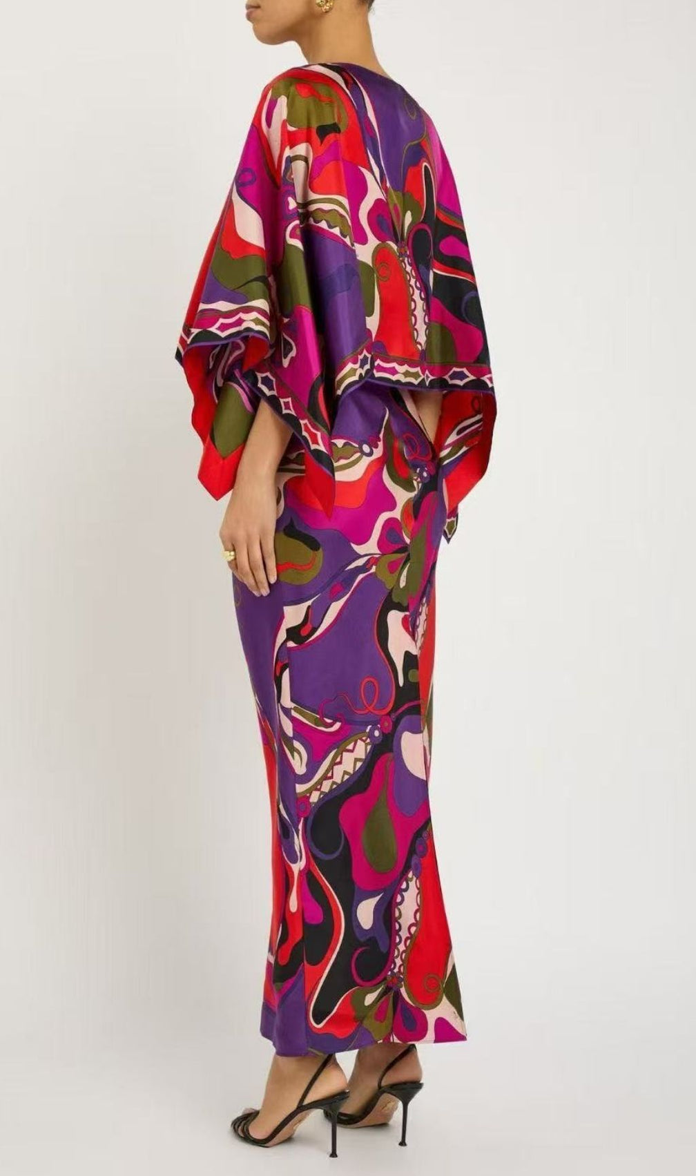 Keller Vibrant Abstract Print Maxi Dress with Dramatic Cape