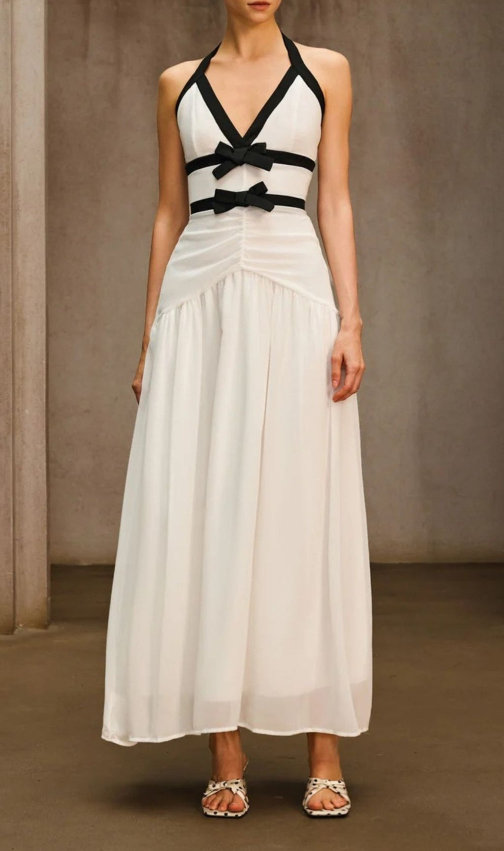 Ovelixor V Neck Bow Ruched Maxi Dress